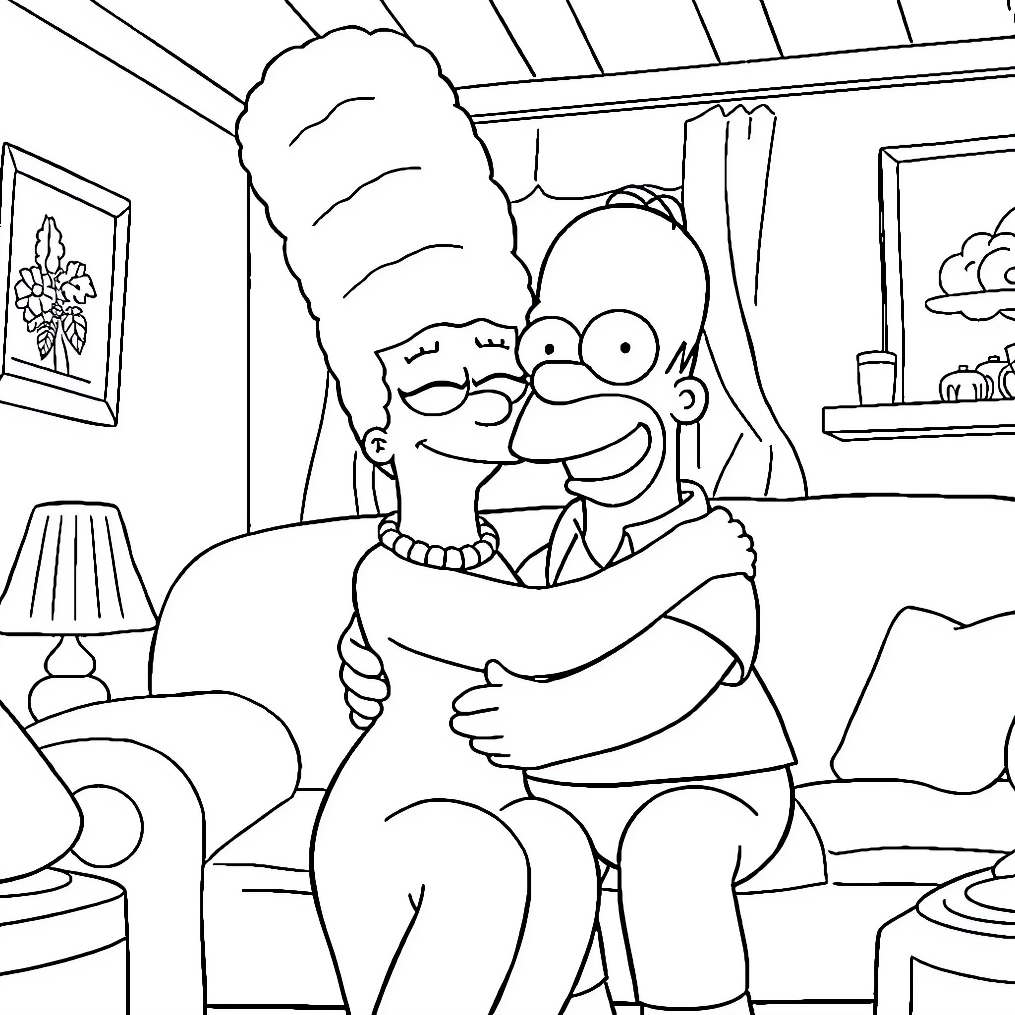Marge and Homer cuddling warmly on the couch Coloring Page (free black-and-white line drawing printable PDF for all, from beginners to advanced learners, including children, teens, adults, and seniors)