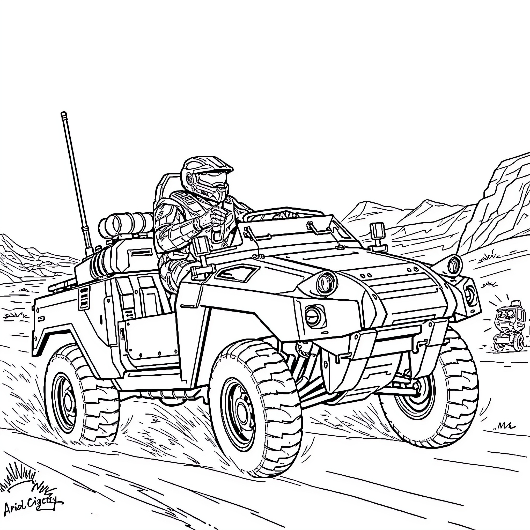 Master Chief Drives Armored Combat Vehicle in Desert Coloring Page (free black-and-white line drawing printable PDF for all, from beginners to advanced learners, including children, teens, adults, and seniors)