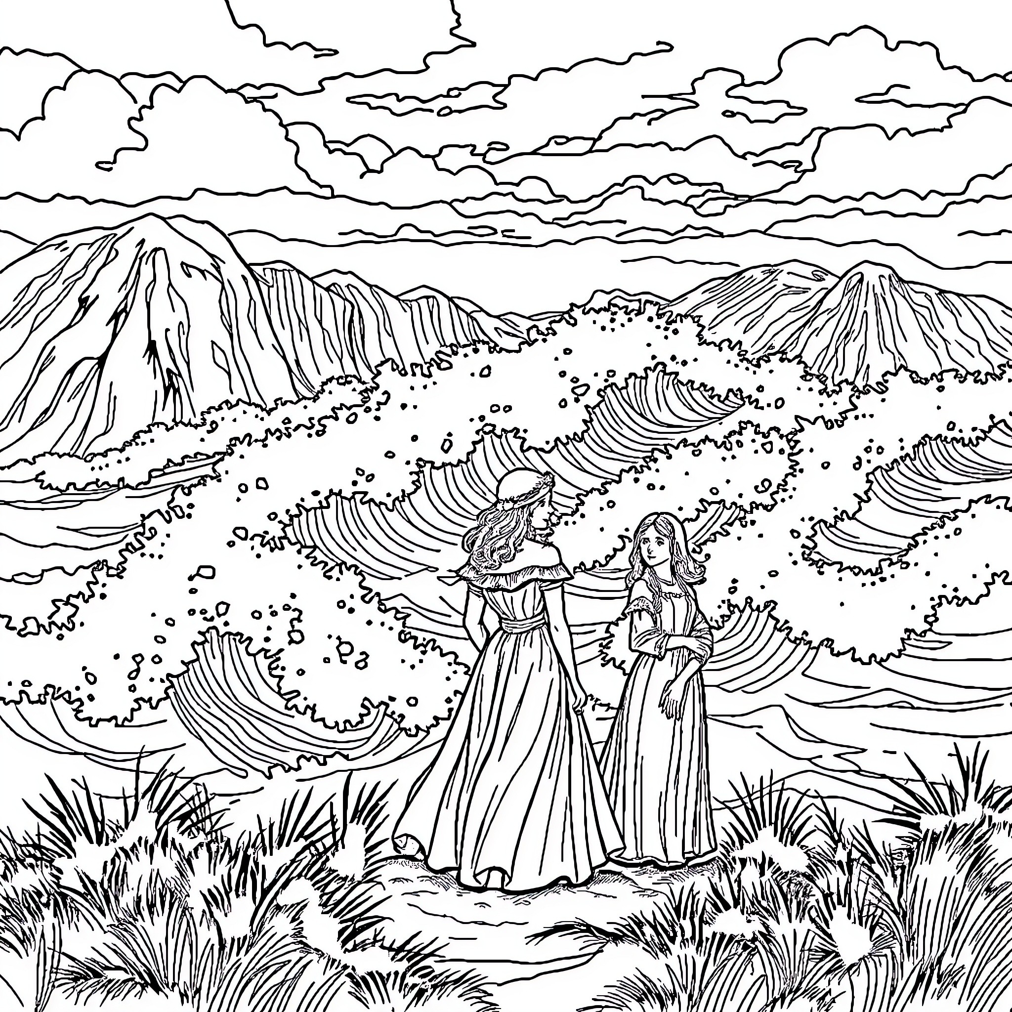 Wuthering Waves: Two women facing the stormy ocean Coloring Page (free black-and-white line drawing printable PDF for all, from beginners to advanced learners, including children, teens, adults, and seniors)