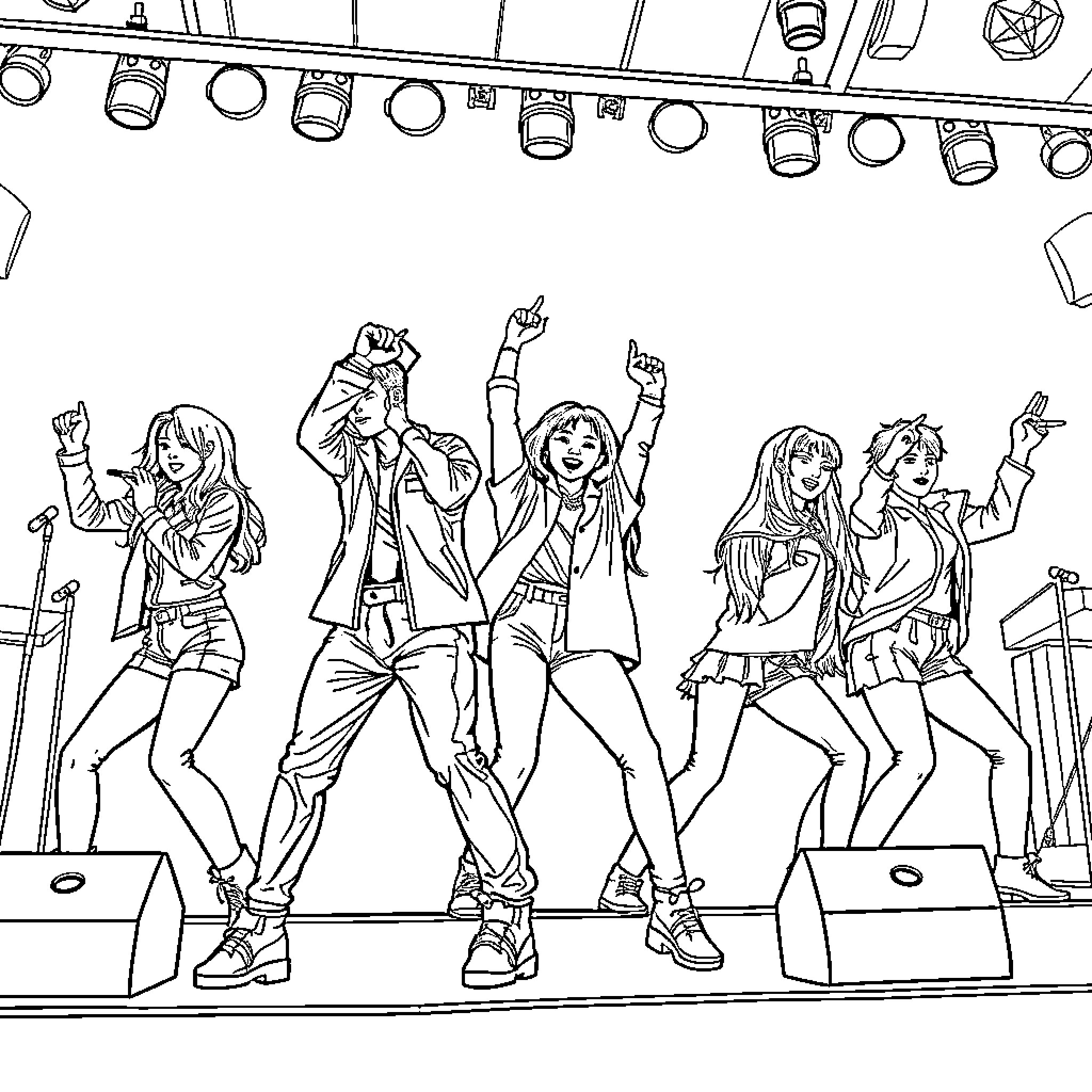 K Pop Performers Energetic Dance on Stage Coloring Page (free black-and-white line drawing printable PDF for all, from beginners to advanced learners, including children, teens, adults, and seniors)