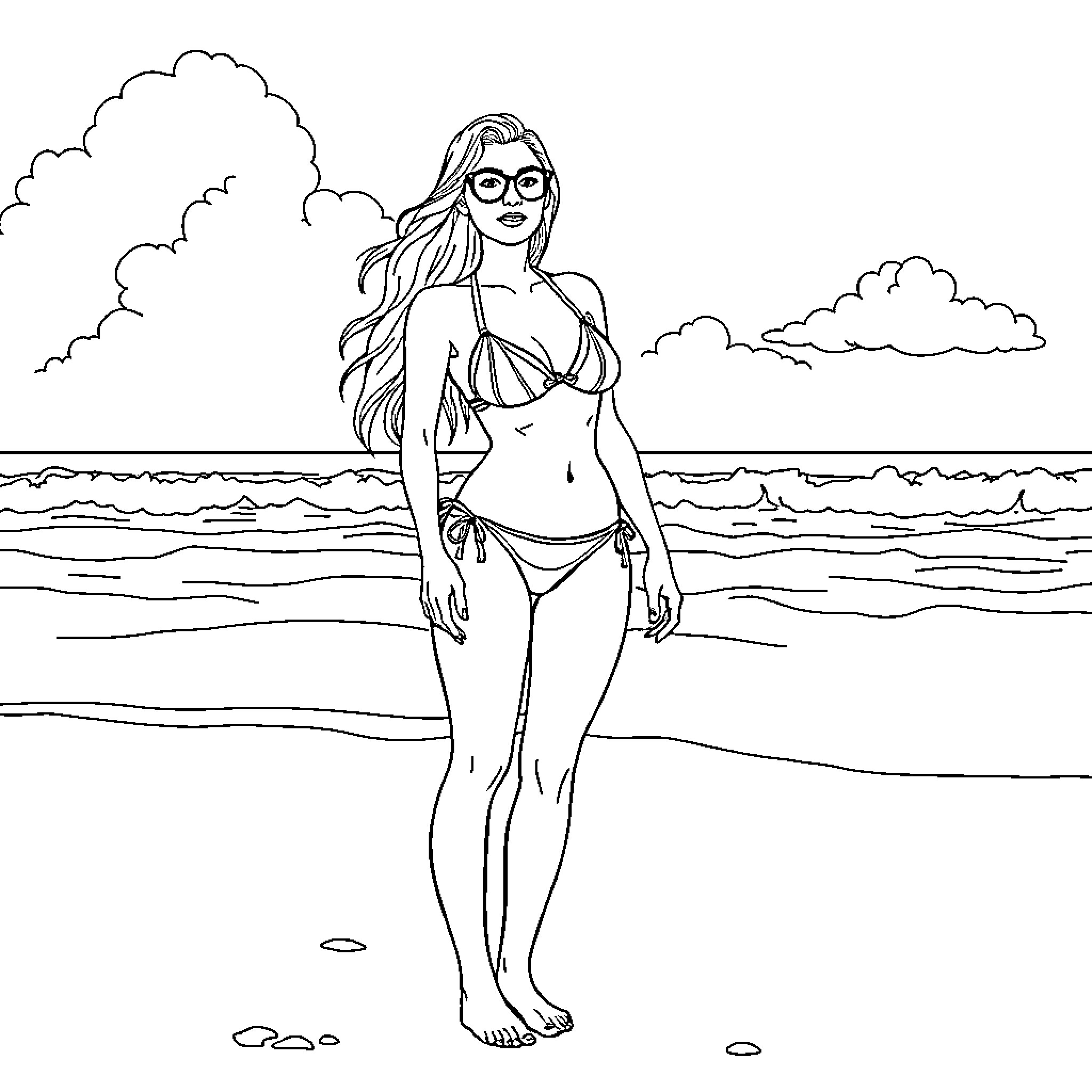 Woman relaxing at the beach in swimsuit Coloring Page (free black-and-white line drawing printable PDF for all, from beginners to advanced learners, including children, teens, adults, and seniors)