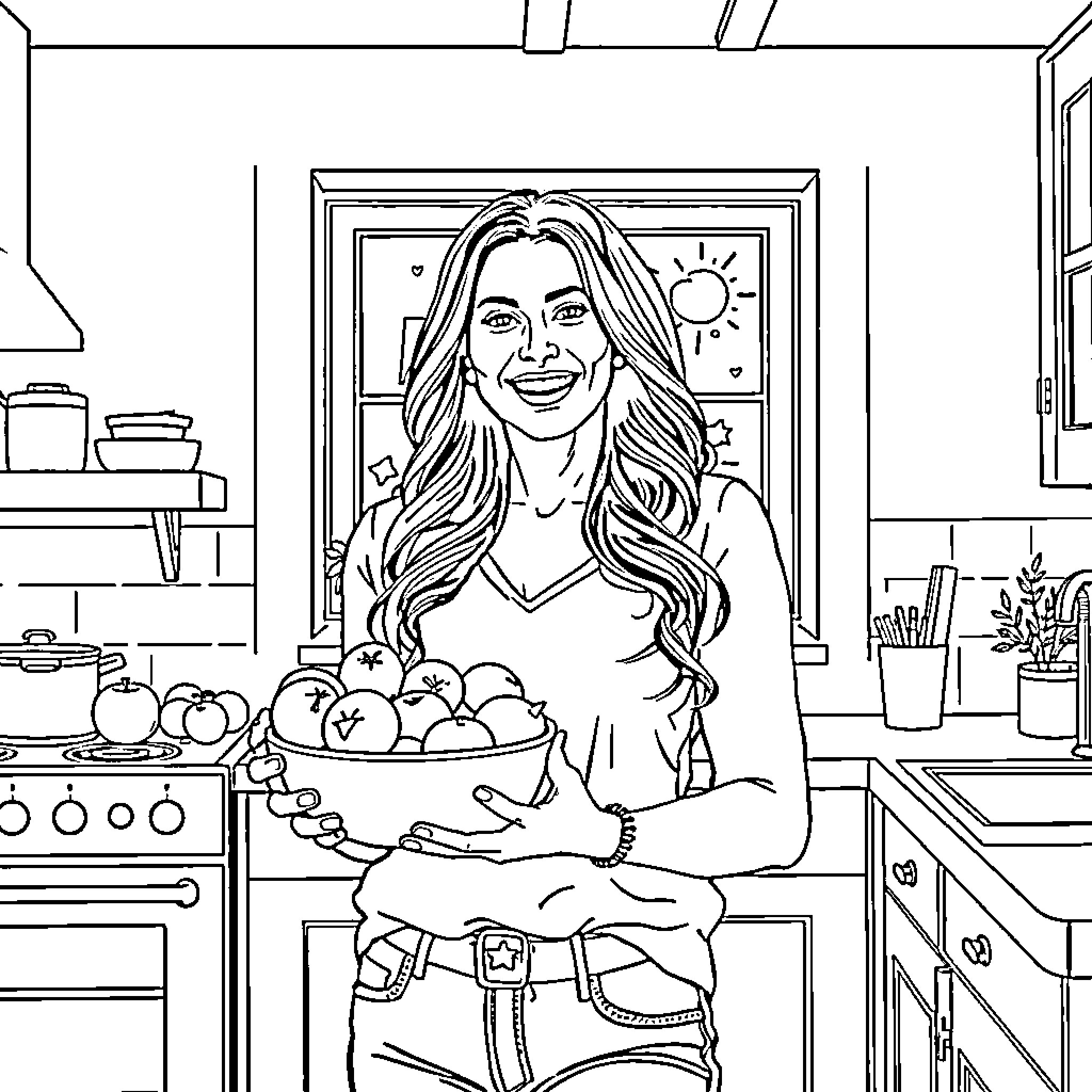 Salma Hayek in a Cheerful Domestic Setting Coloring Page (free black-and-white line drawing printable PDF for all, from beginners to advanced learners, including children, teens, adults, and seniors)