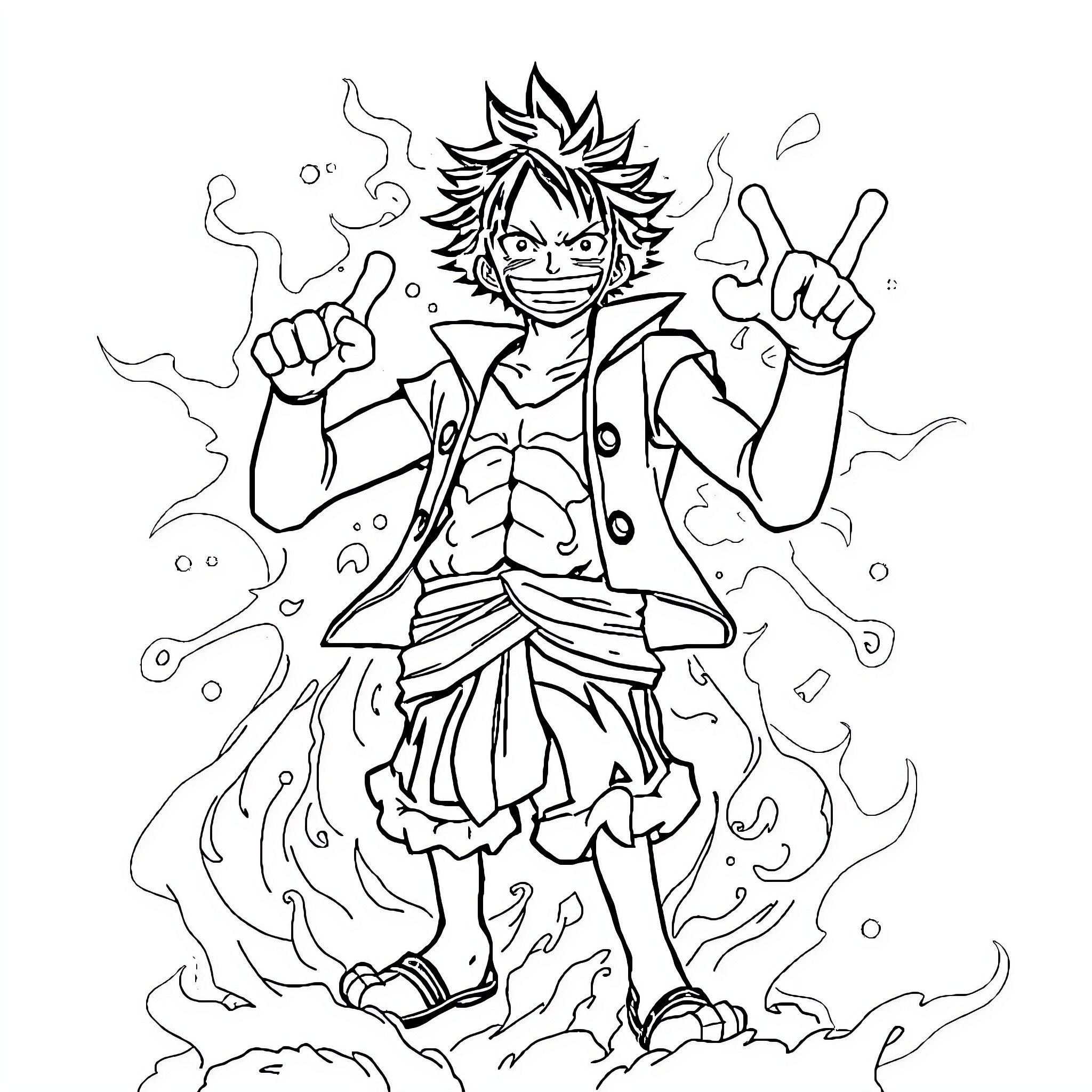 Luffy's Energetic Anime-Inspired Portrayal Coloring Page (free black-and-white line drawing printable PDF for all, from beginners to advanced learners, including children, teens, adults, and seniors)