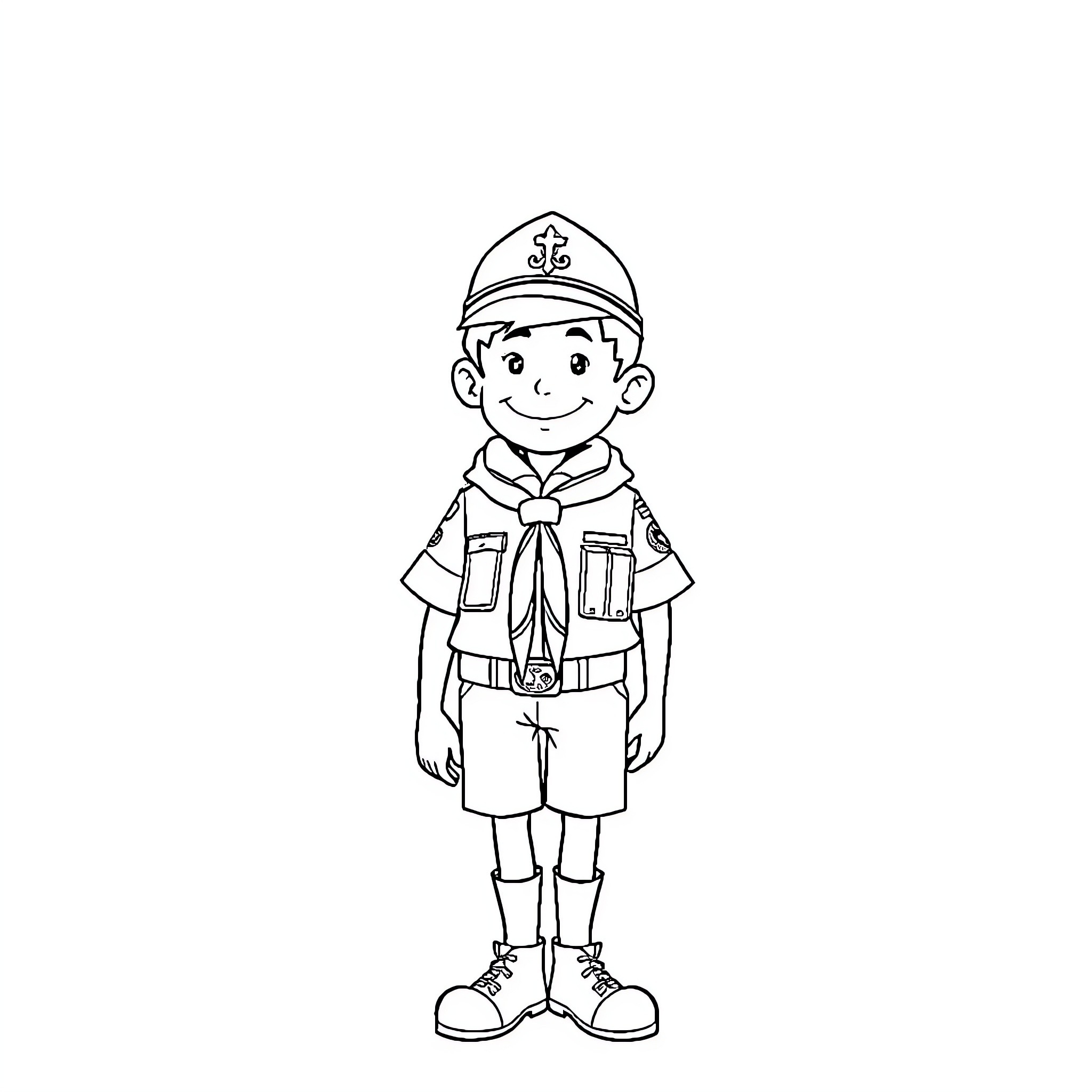 Scout in Uniform Outfit Coloring Page (free black-and-white line drawing printable PDF for all, from beginners to advanced learners, including children, teens, adults, and seniors)