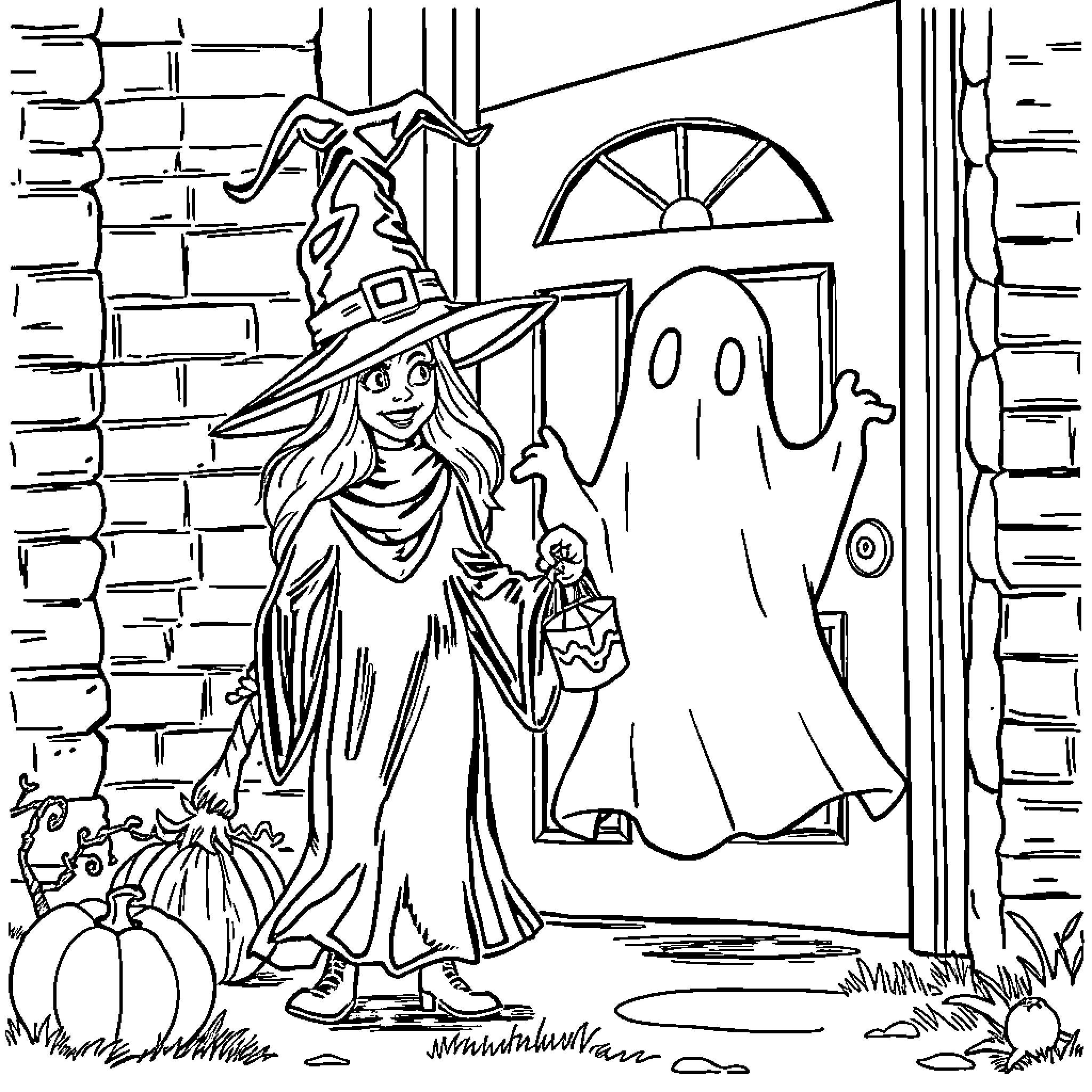 Witch welcoming spooky guests at her haunted house Coloring Page (free black-and-white line drawing printable PDF for all, from beginners to advanced learners, including children, teens, adults, and seniors)