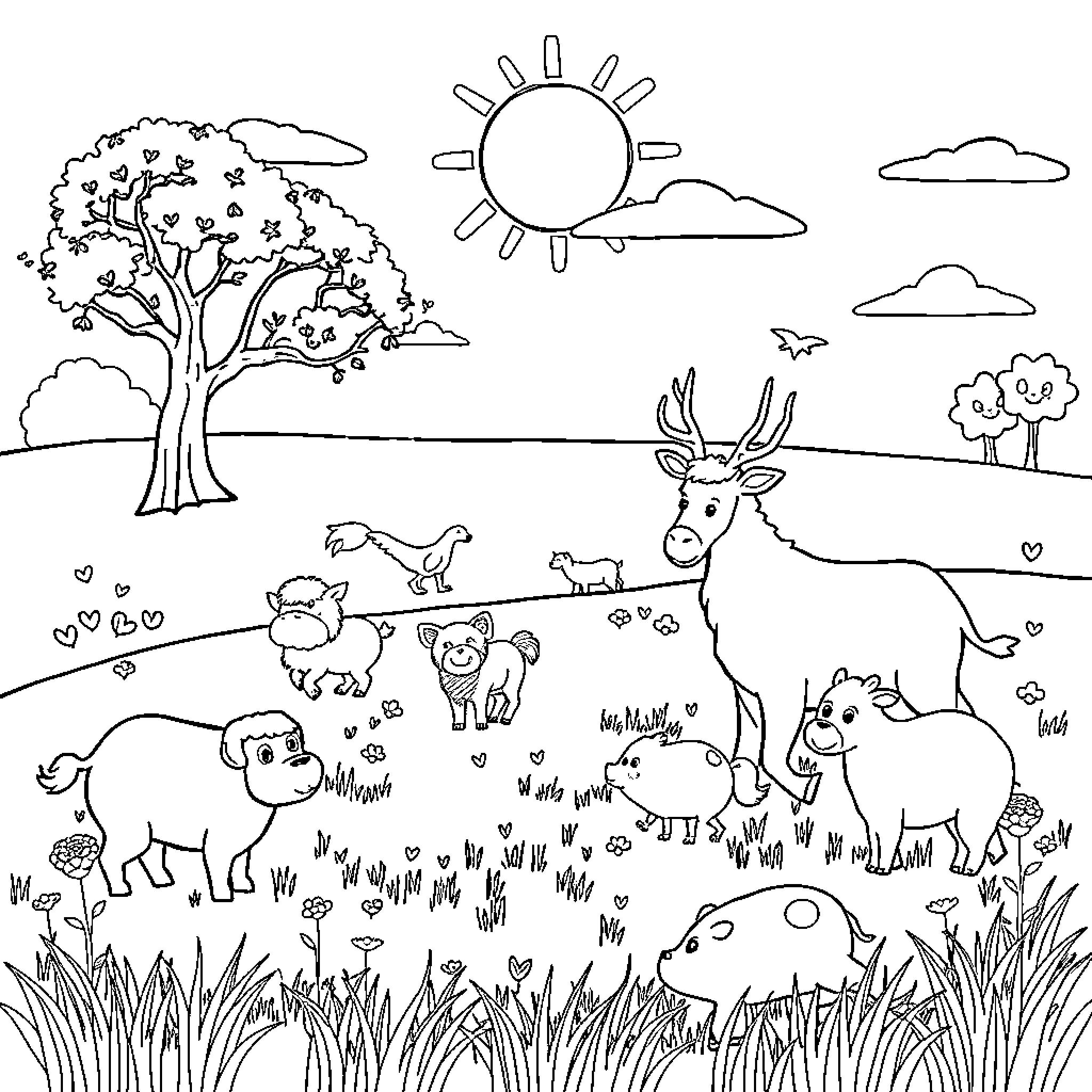 Animal friends playing in a serene landscape Coloring Page (free black-and-white line drawing printable PDF for all, from beginners to advanced learners, including children, teens, adults, and seniors)