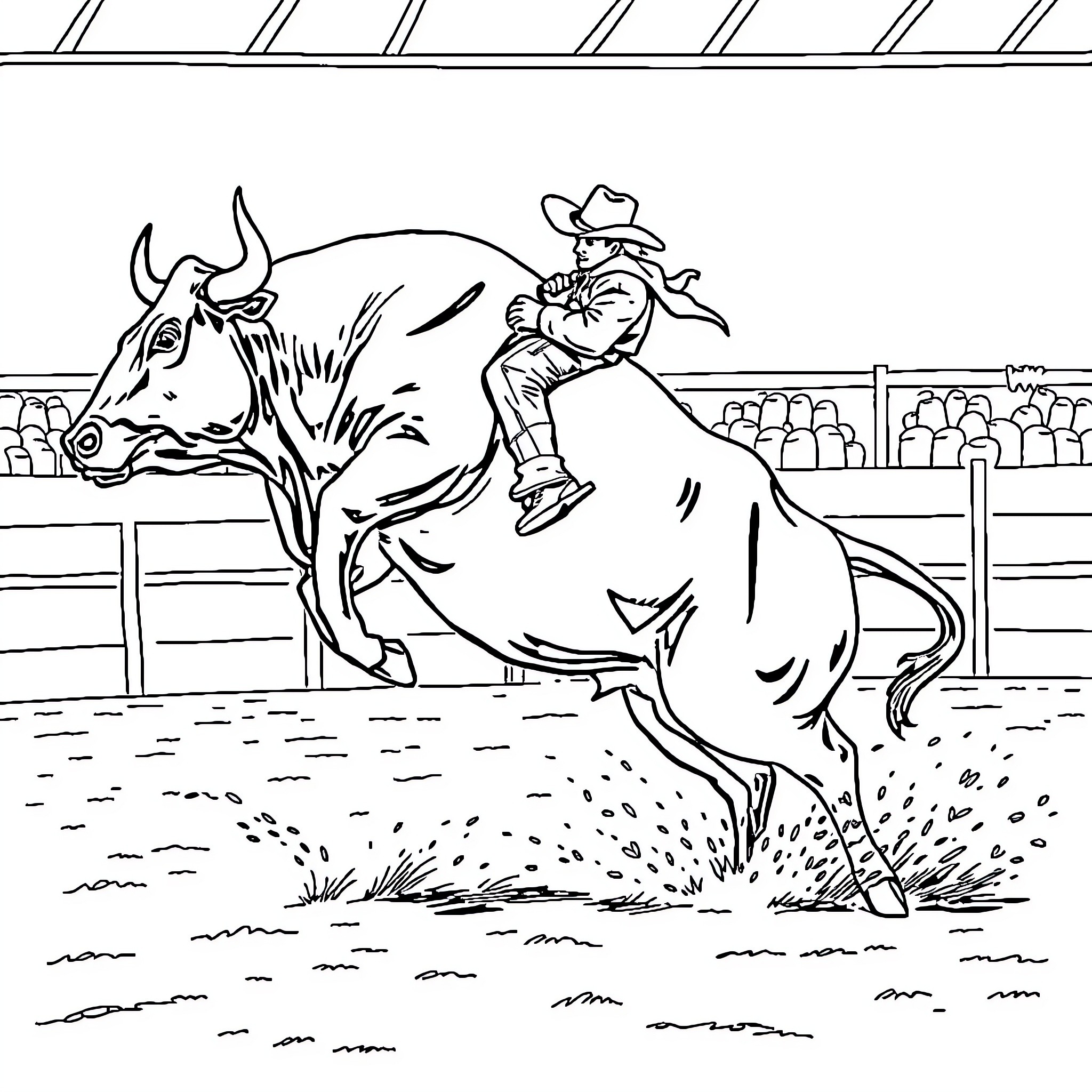Bull being ridden by a cowboy in a rodeo arena Coloring Page (free black-and-white line drawing printable PDF for all, from beginners to advanced learners, including children, teens, adults, and seniors)