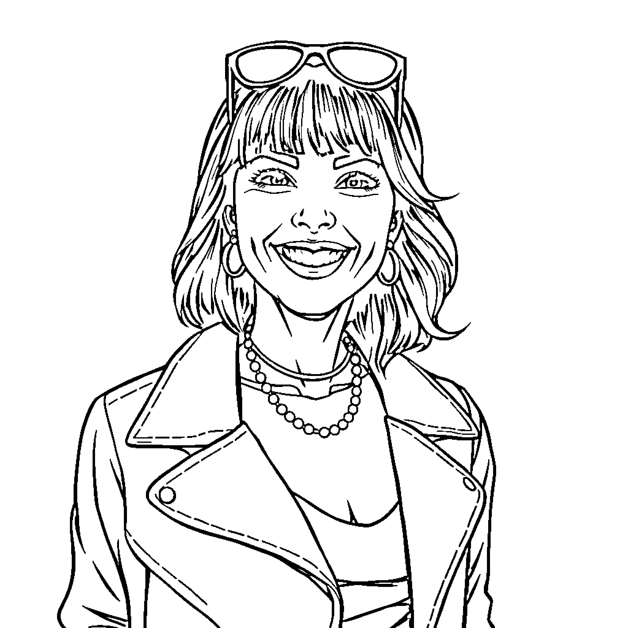 Olivia Wild's Charming Smile and Fashionable Attire Coloring Page (free black-and-white line drawing printable PDF for all, from beginners to advanced learners, including children, teens, adults, and seniors)