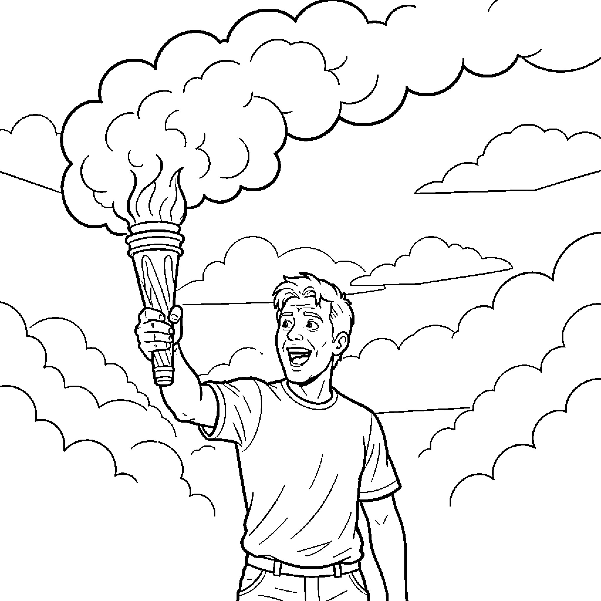 Supporter holding a flaming torch with a joyful expression Coloring Page (free black-and-white line drawing printable PDF for all, from beginners to advanced learners, including children, teens, adults, and seniors)