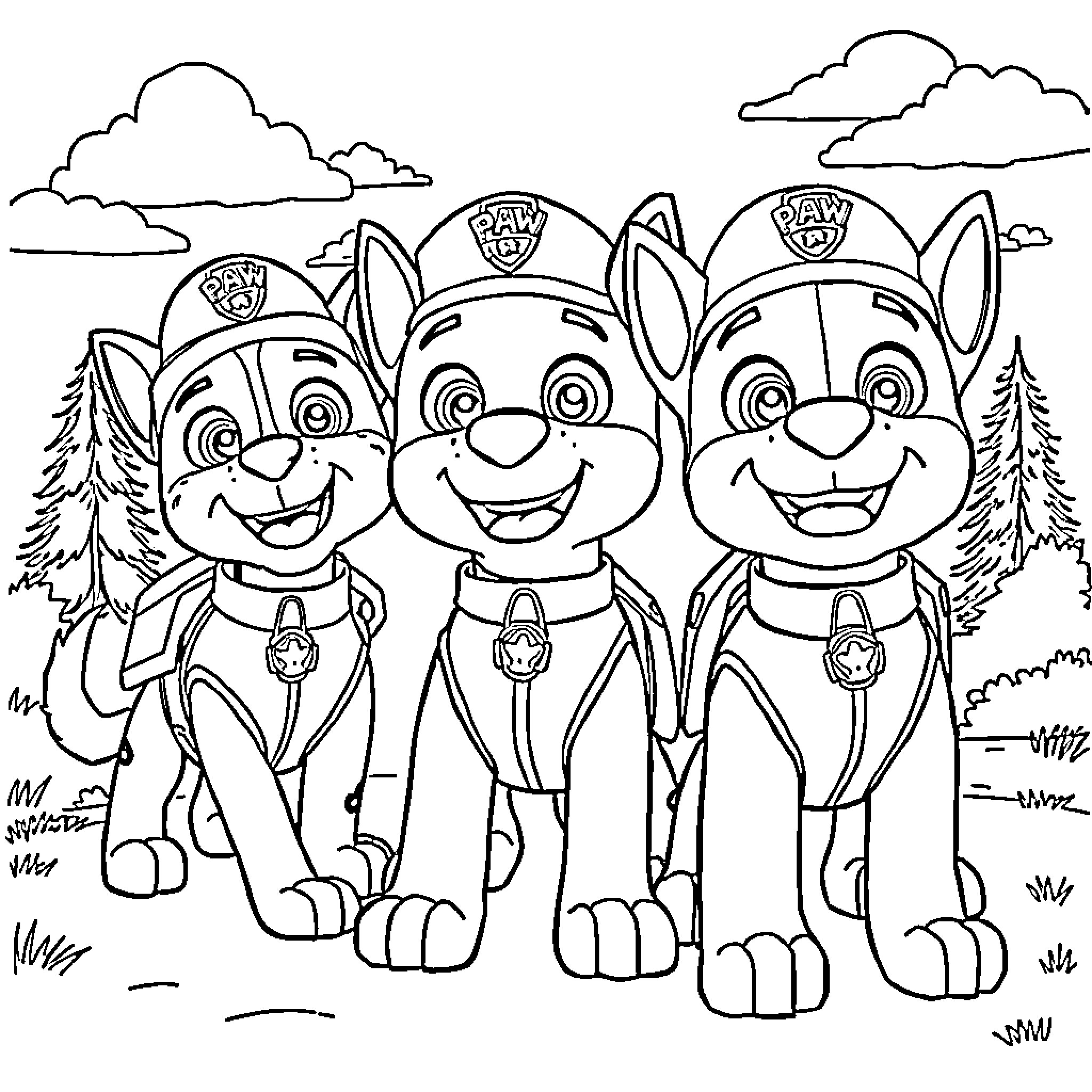 Paw Patrol pups in action poses Coloring Page (free black-and-white line drawing printable PDF for all, from beginners to advanced learners, including children, teens, adults, and seniors)