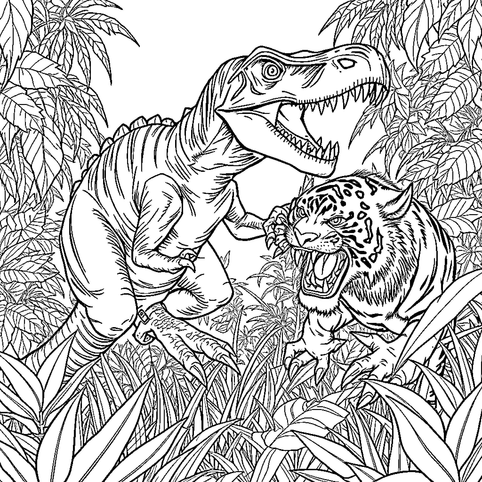 Velociraptor stalking a fierce jaguar in the jungle Coloring Page (free black-and-white line drawing printable PDF for all, from beginners to advanced learners, including children, teens, adults, and seniors)