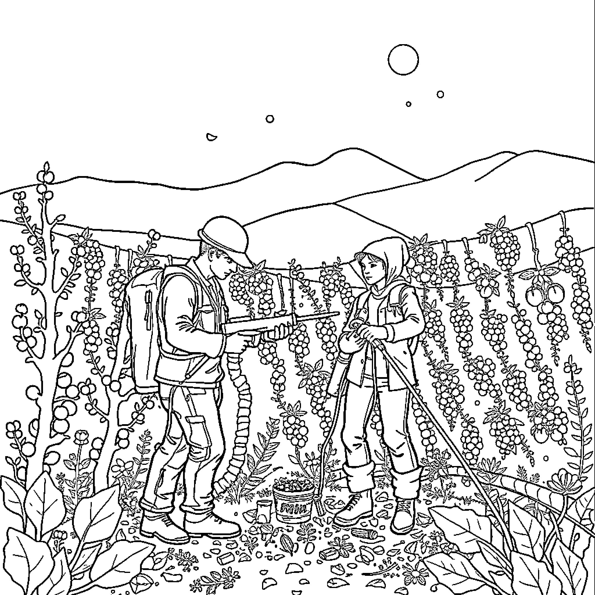 Excavator operators surveying mountainous terrain Coloring Page (free black-and-white line drawing printable PDF for all, from beginners to advanced learners, including children, teens, adults, and seniors)