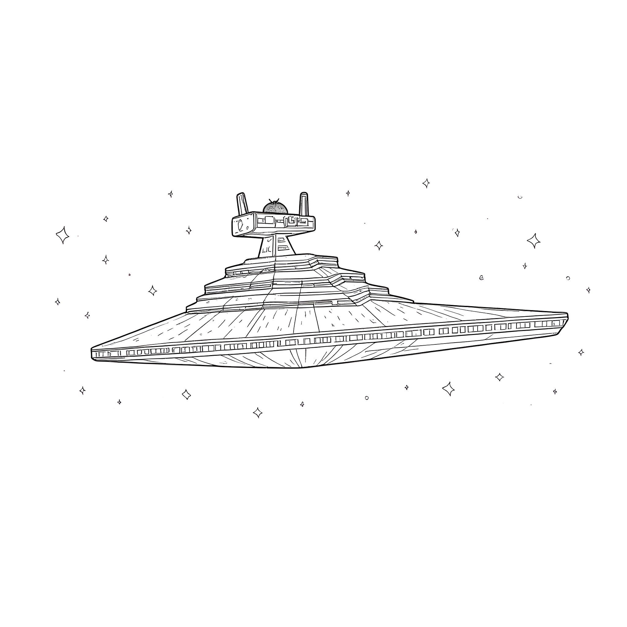 Stardestroyer in Starry Space Coloring Page (free black-and-white line drawing printable PDF for all, from beginners to advanced learners, including children, teens, adults, and seniors)