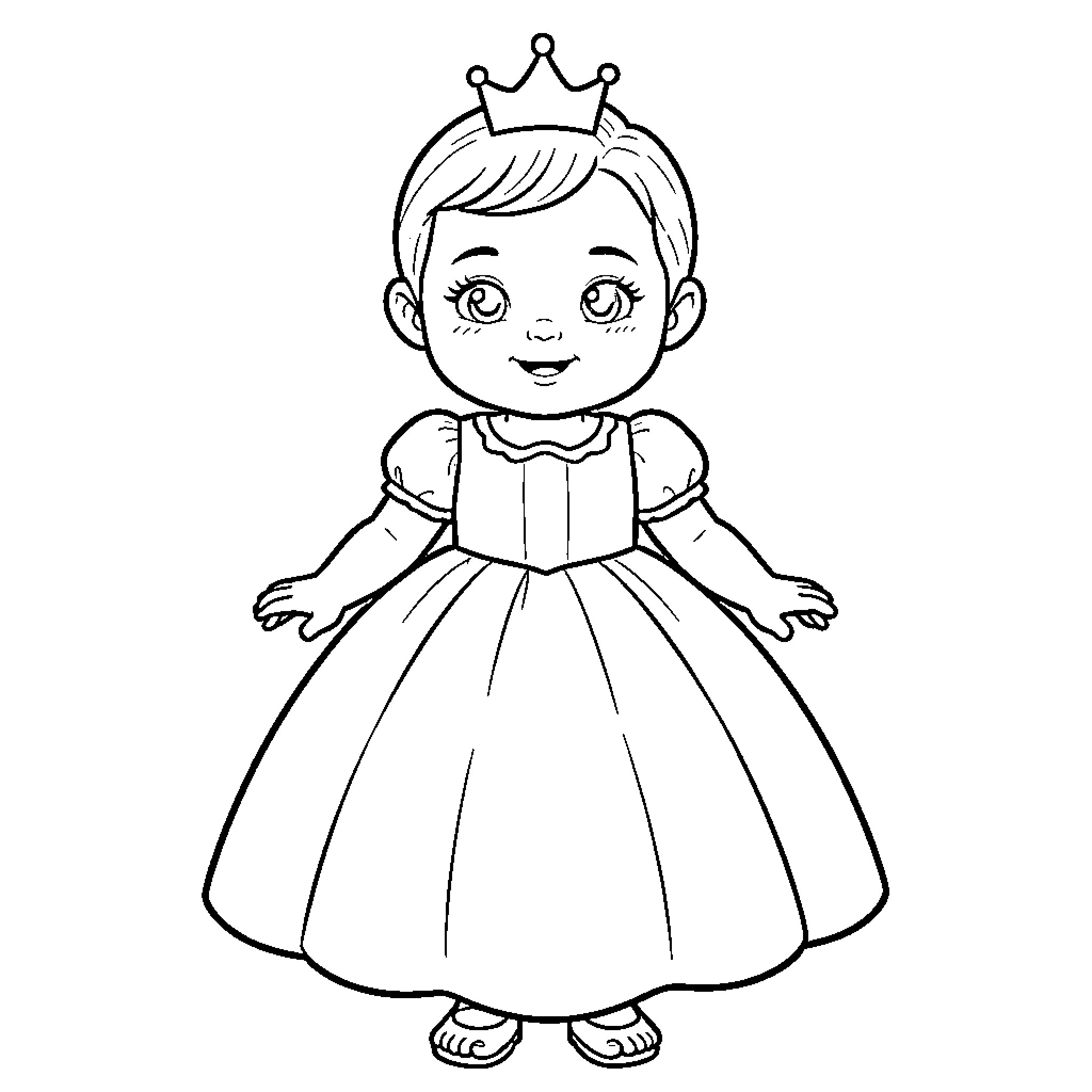 Princess in a Fancy Dress and Crown Coloring Page (free black-and-white line drawing printable PDF for all, from beginners to advanced learners, including children, teens, adults, and seniors)