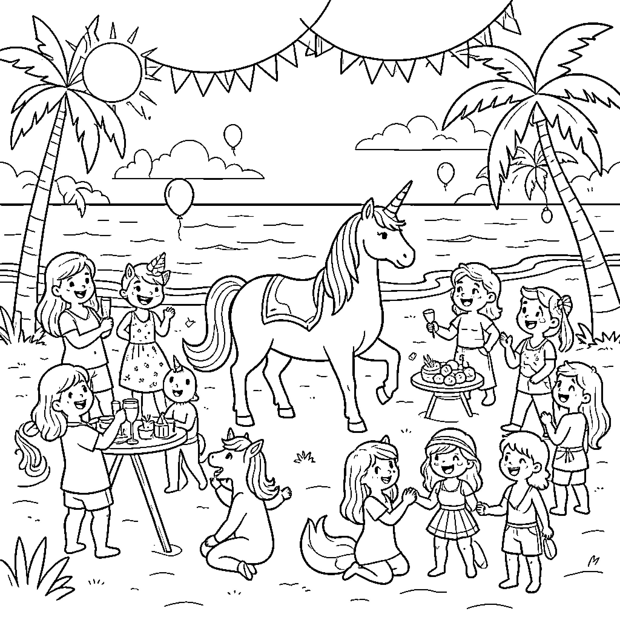 Unicorn at a lively beach party with children Coloring Page (free black-and-white line drawing printable PDF for all, from beginners to advanced learners, including children, teens, adults, and seniors)