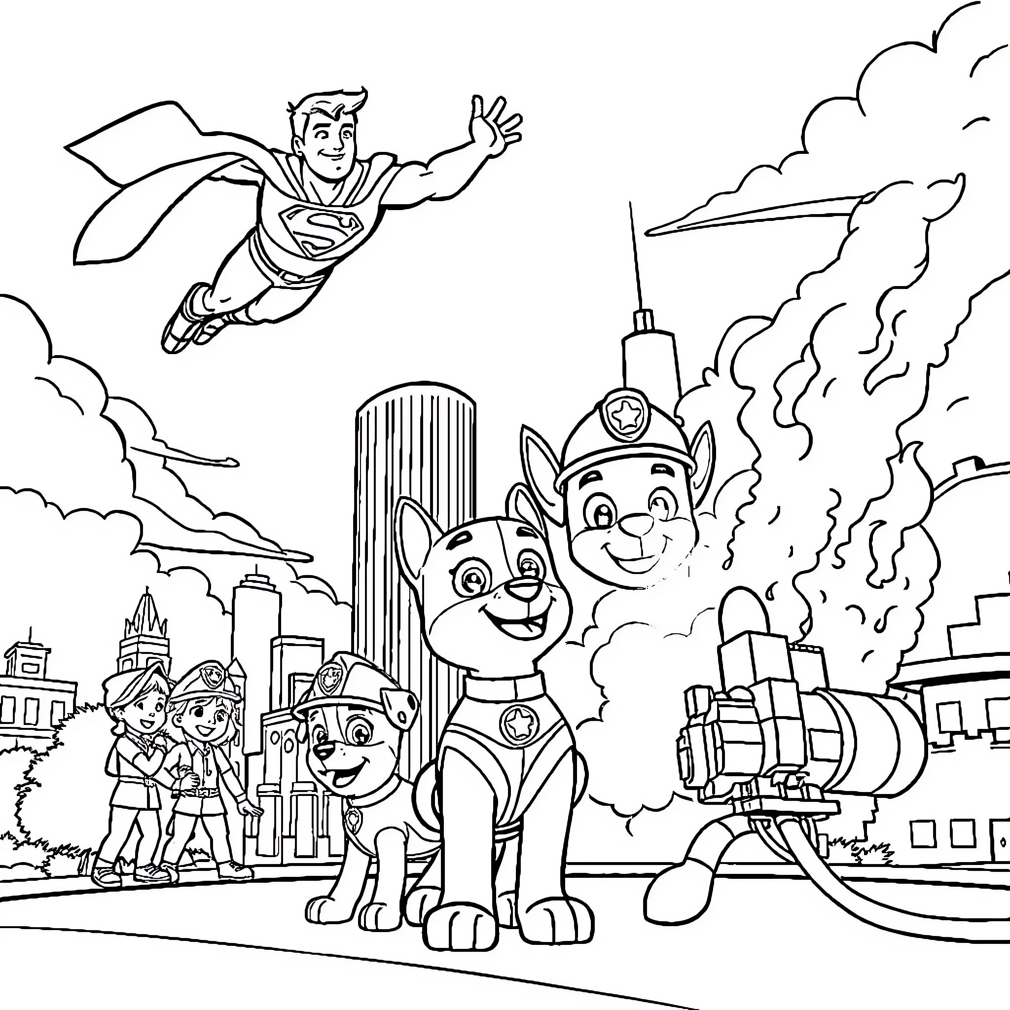 Superman saving the city from disaster Coloring Page (free black-and-white line drawing printable PDF for all, from beginners to advanced learners, including children, teens, adults, and seniors)