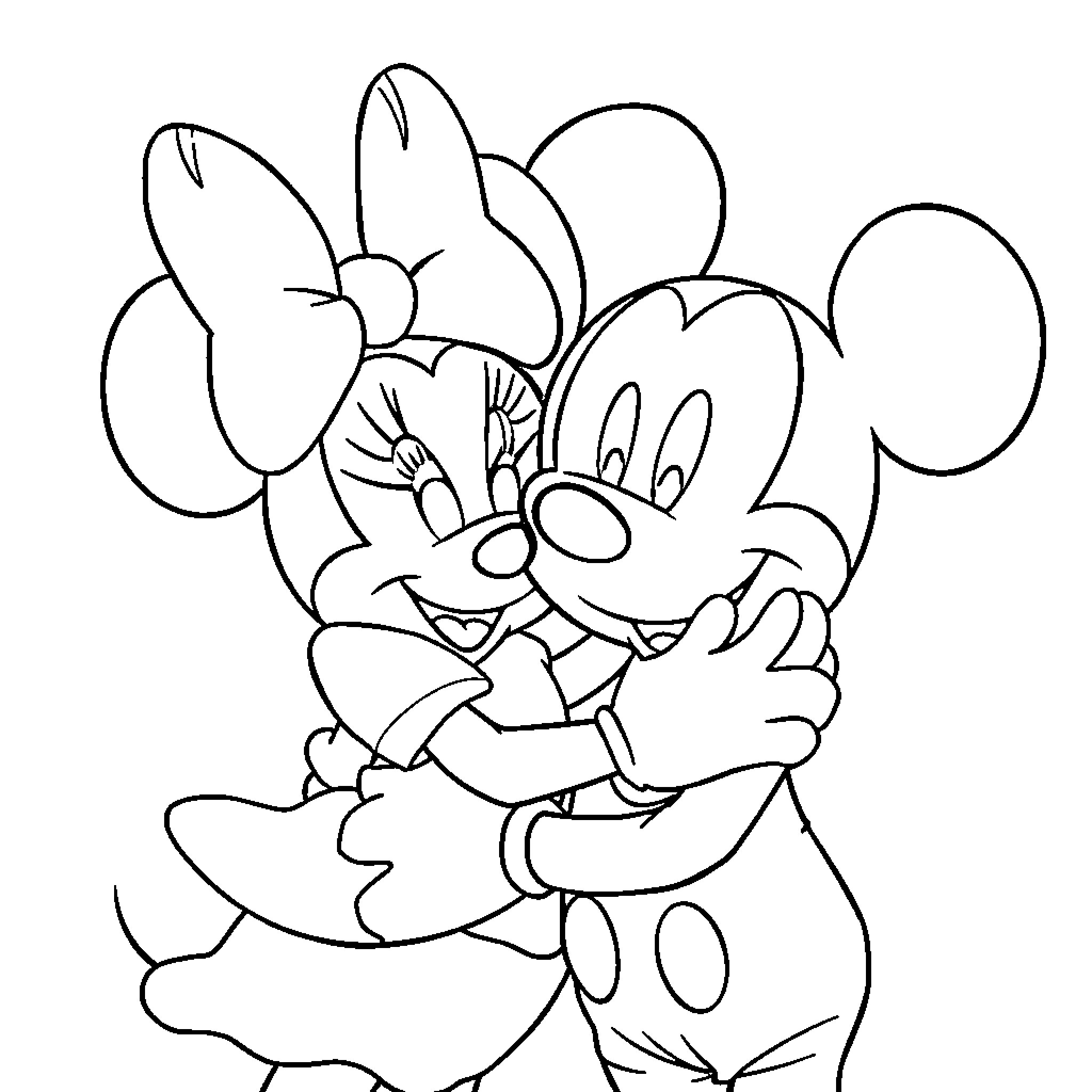 Mickey and Minnie embracing joyfully Coloring Page (free black-and-white line drawing printable PDF for all, from beginners to advanced learners, including children, teens, adults, and seniors)