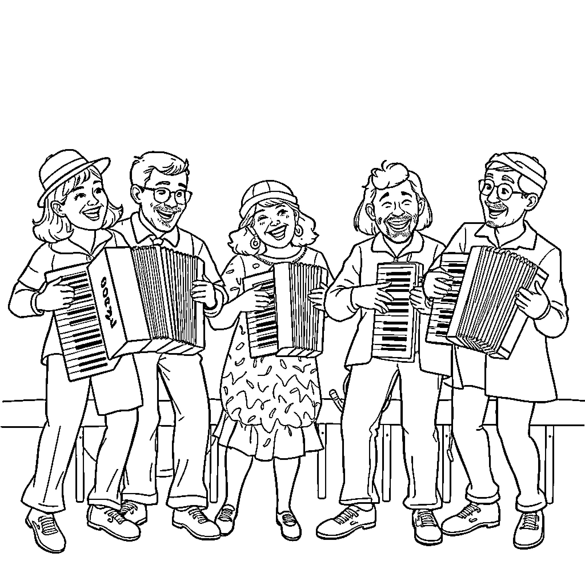 Person playing accordion in a group Coloring Page (free black-and-white line drawing printable PDF for all, from beginners to advanced learners, including children, teens, adults, and seniors)
