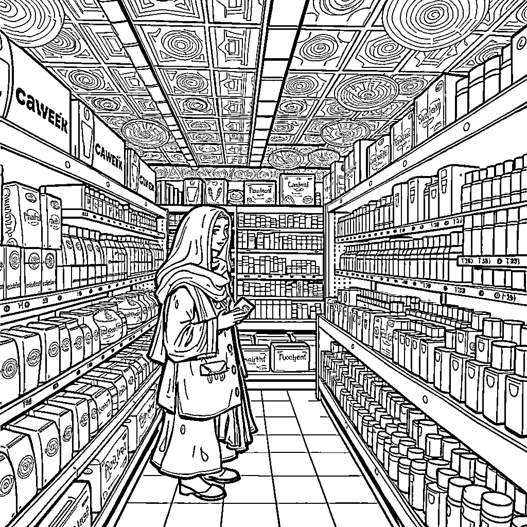 Rumi exploring the intricate shelves of a grocery store Coloring Page (free black-and-white line drawing printable PDF for all, from beginners to advanced learners, including children, teens, adults, and seniors)