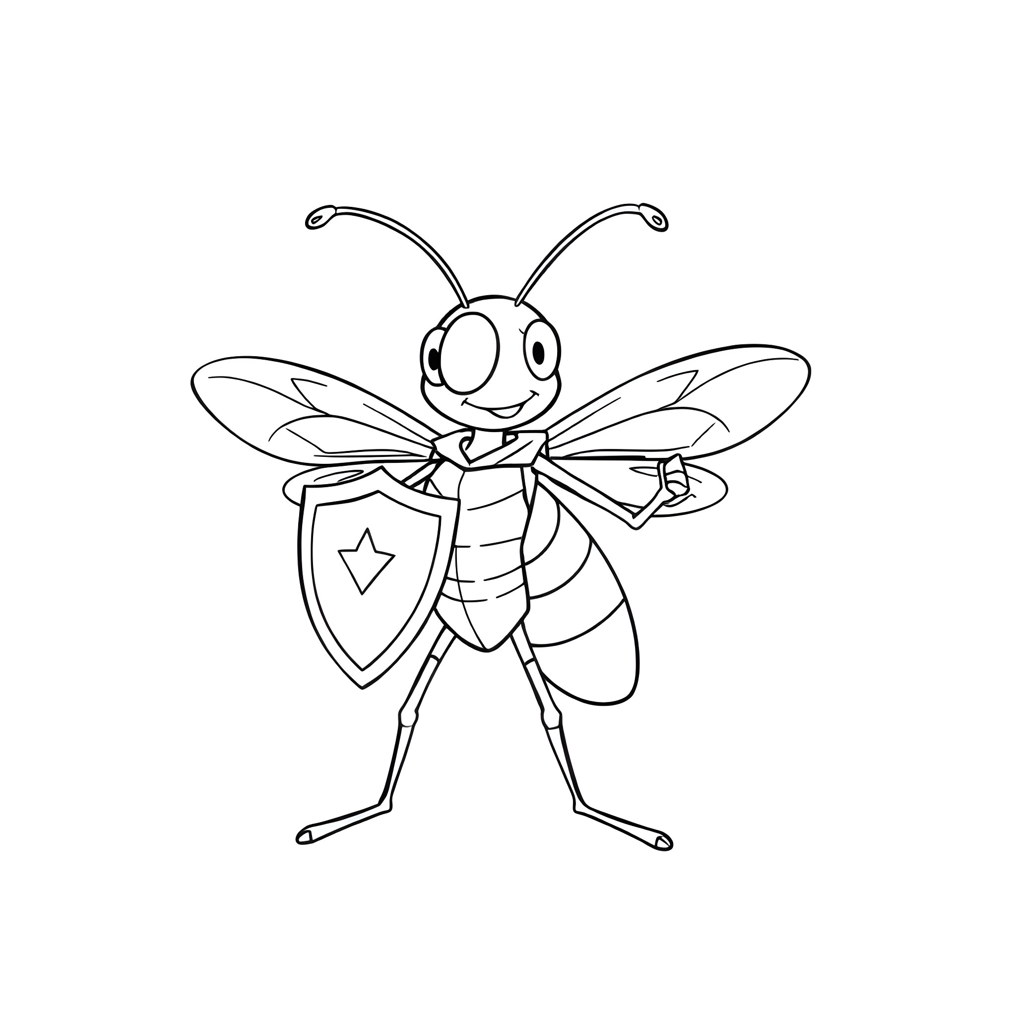 Mosquito superhero with shield Coloring Page (free black-and-white line drawing printable PDF for all, from beginners to advanced learners, including children, teens, adults, and seniors)