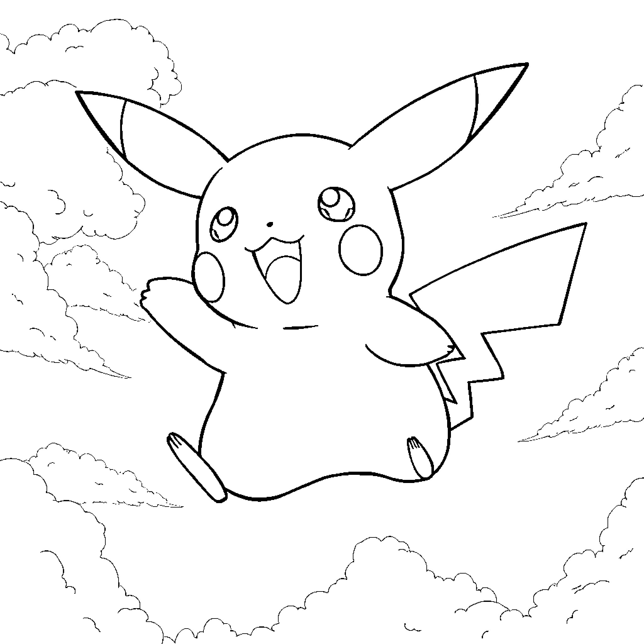 Pikachu floating in the clouds Coloring Page (free black-and-white line drawing printable PDF for all, from beginners to advanced learners, including children, teens, adults, and seniors)