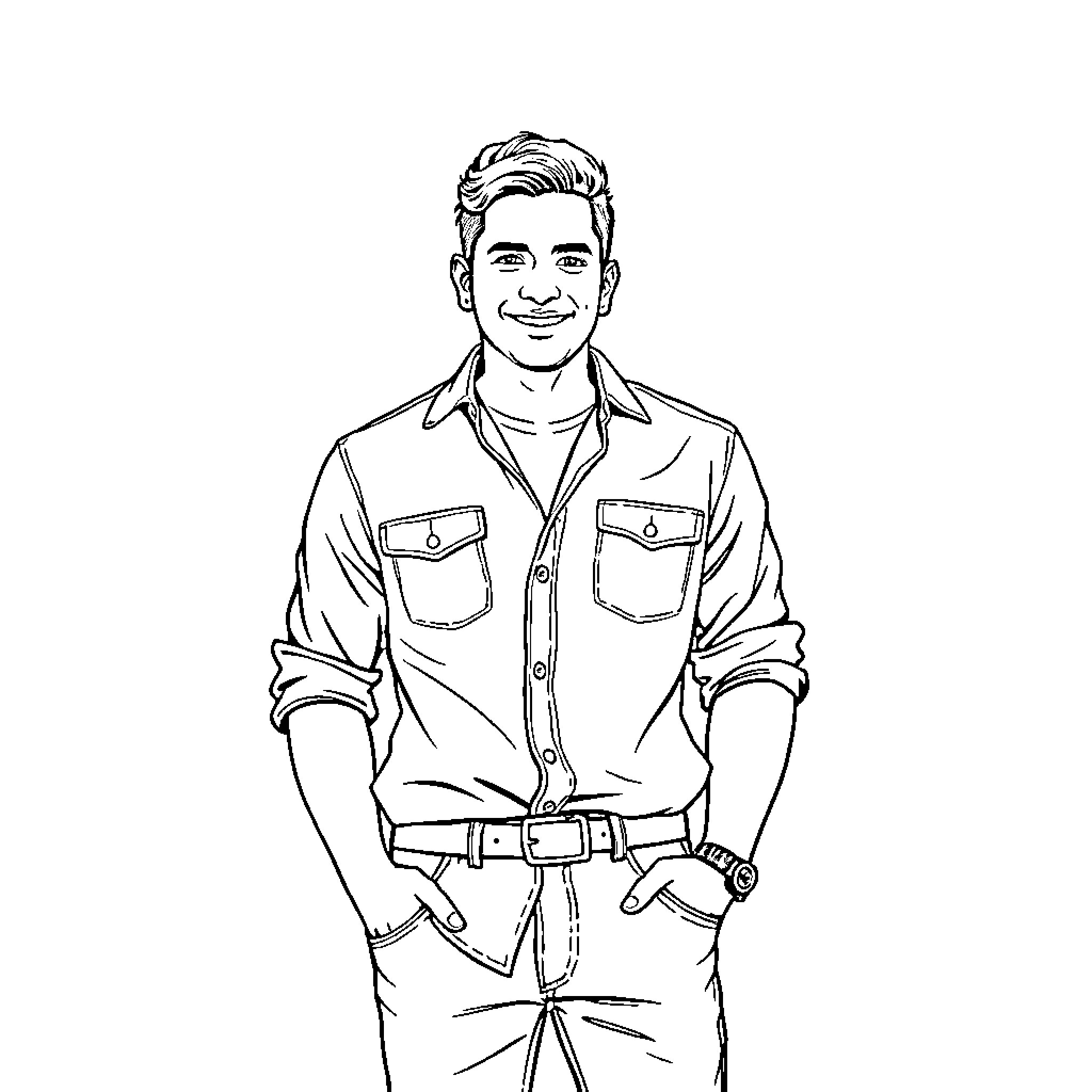 Matthew Daniel C. Lopez Smiling Confidently in Casual Outfit Coloring Page (free black-and-white line drawing printable PDF for all, from beginners to advanced learners, including children, teens, adults, and seniors)