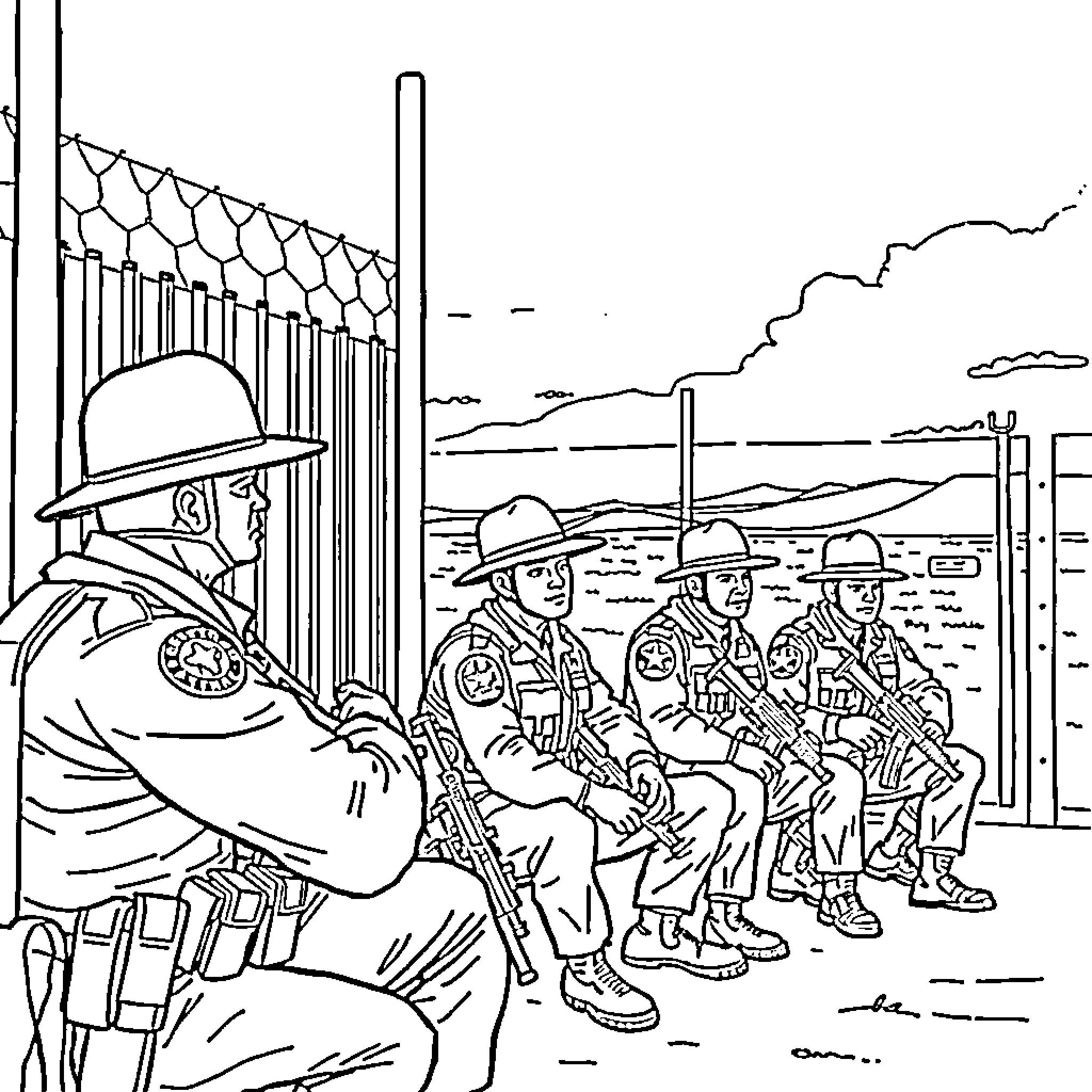 Border Patrol Officers Monitoring the Perimeter Coloring Page (free black-and-white line drawing printable PDF for all, from beginners to advanced learners, including children, teens, adults, and seniors)