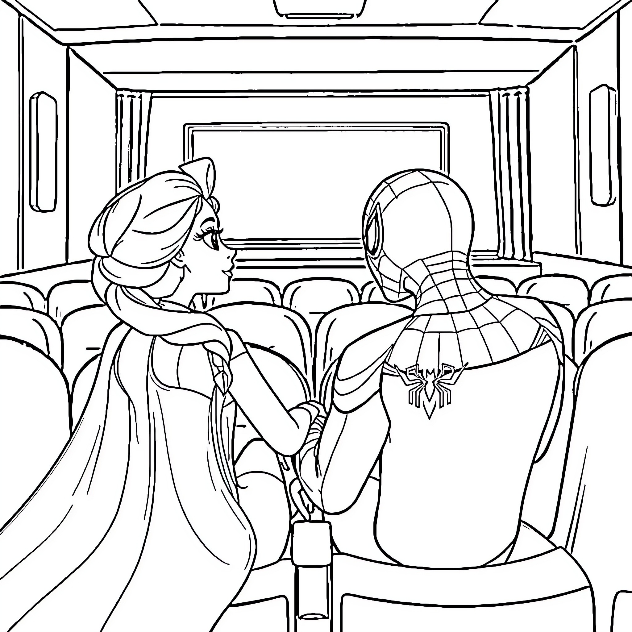 Elsa and Spider-Man watching a movie together Coloring Page (free black-and-white line drawing printable PDF for all, from beginners to advanced learners, including children, teens, adults, and seniors)