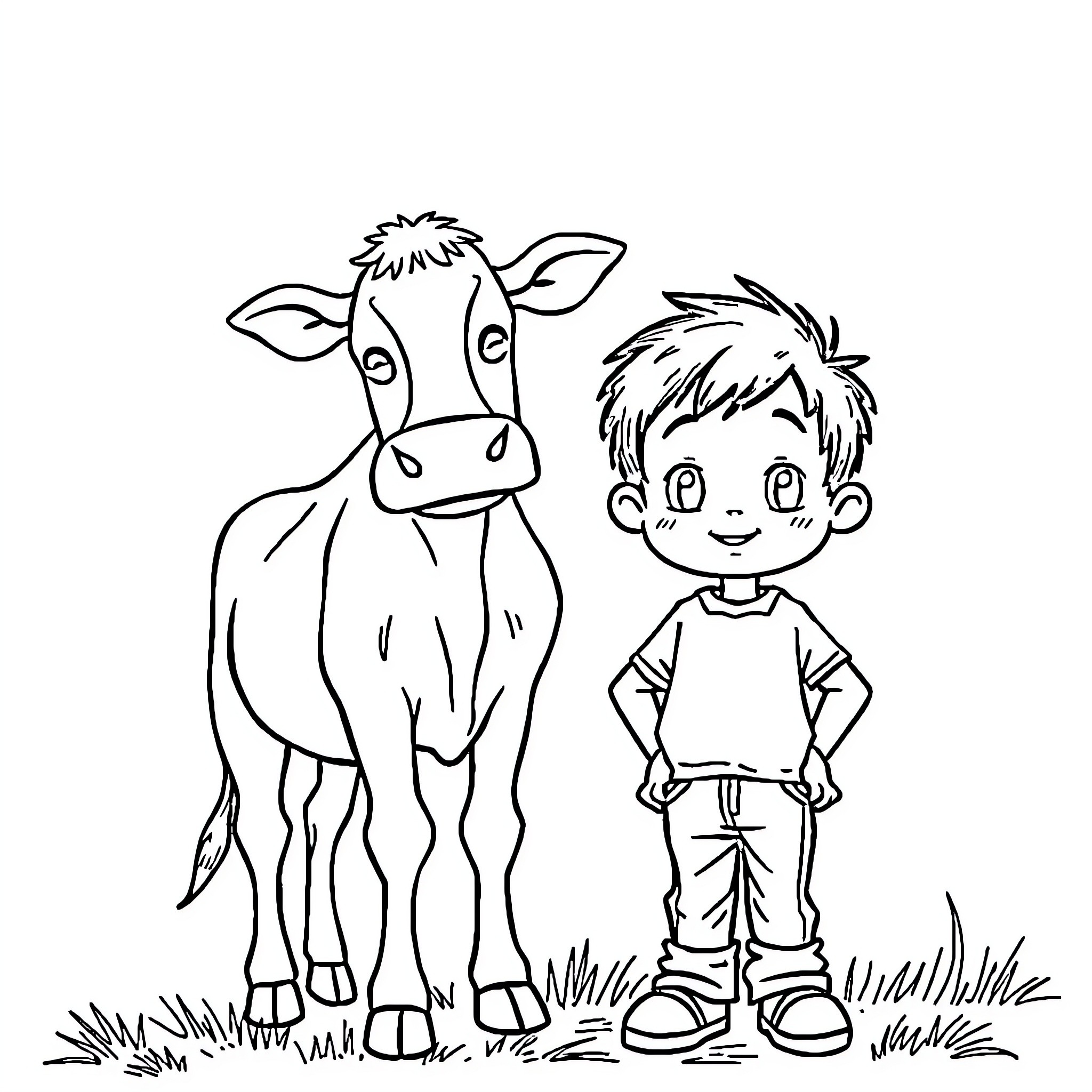 Boy standing next to a curious cow Coloring Page (free black-and-white line drawing printable PDF for all, from beginners to advanced learners, including children, teens, adults, and seniors)