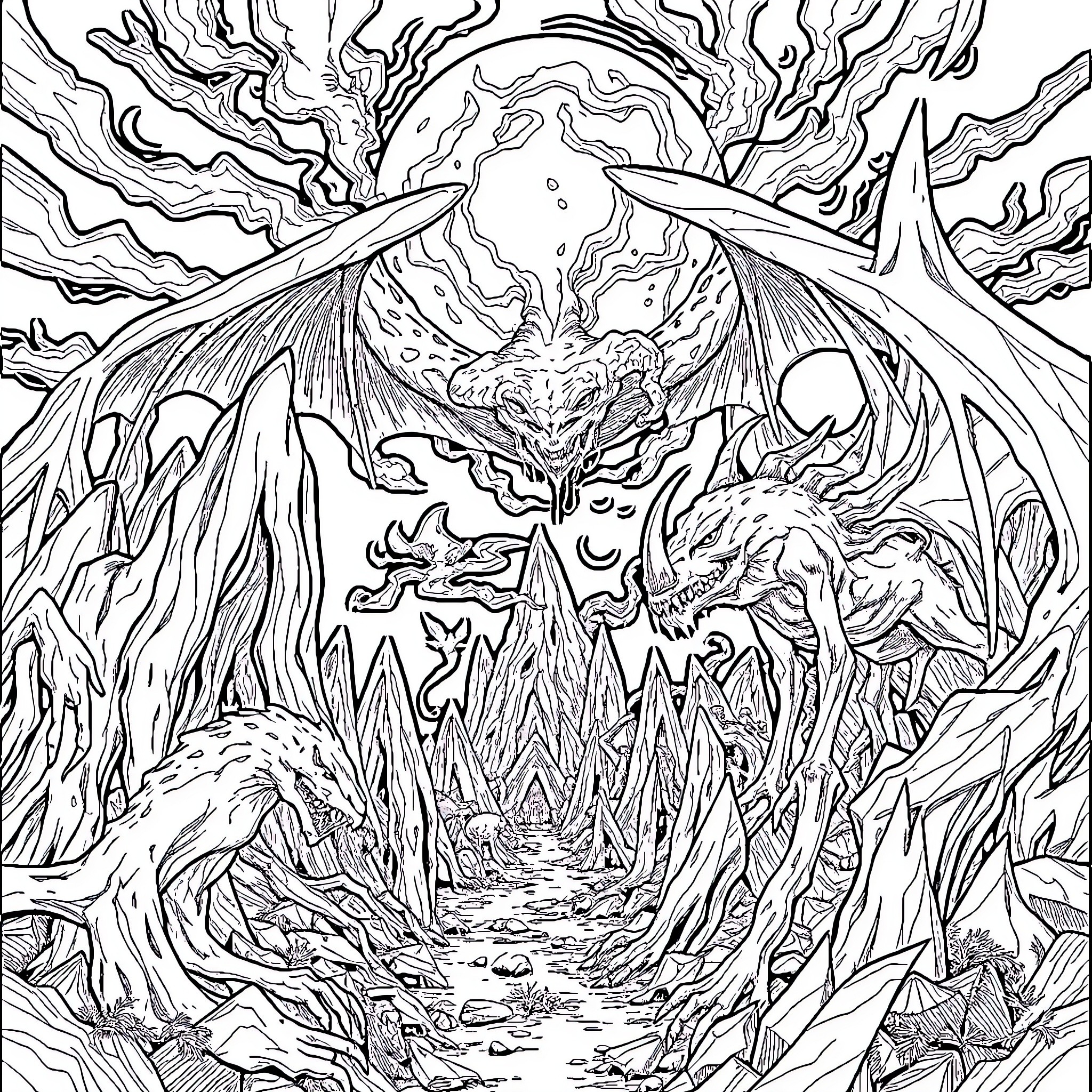 Dark Souls - Terrifying Creature Emerging from Chaotic Landscape Coloring Page (free black-and-white line drawing printable PDF for all, from beginners to advanced learners, including children, teens, adults, and seniors)