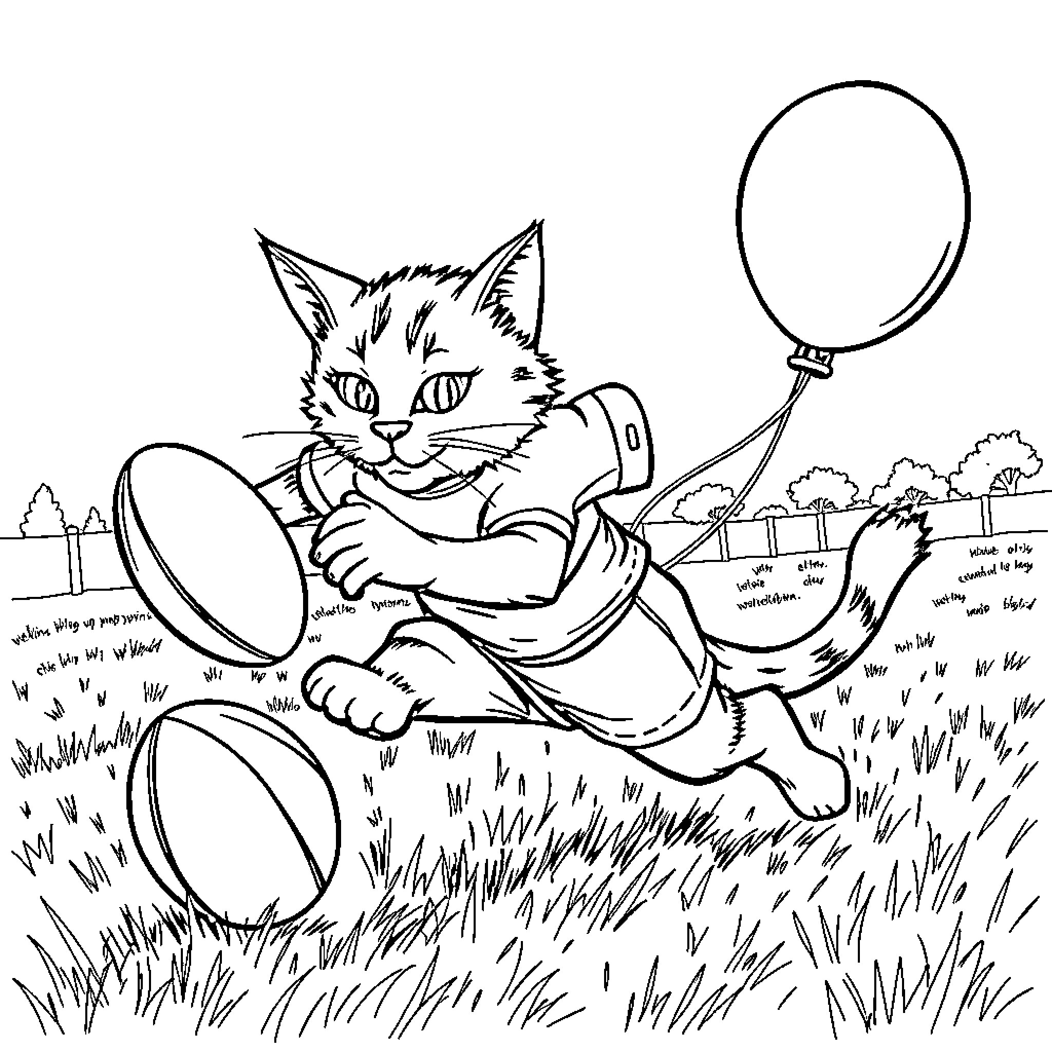 Cat playing with toys in the yard Coloring Page (free black-and-white line drawing printable PDF for all, from beginners to advanced learners, including children, teens, adults, and seniors)