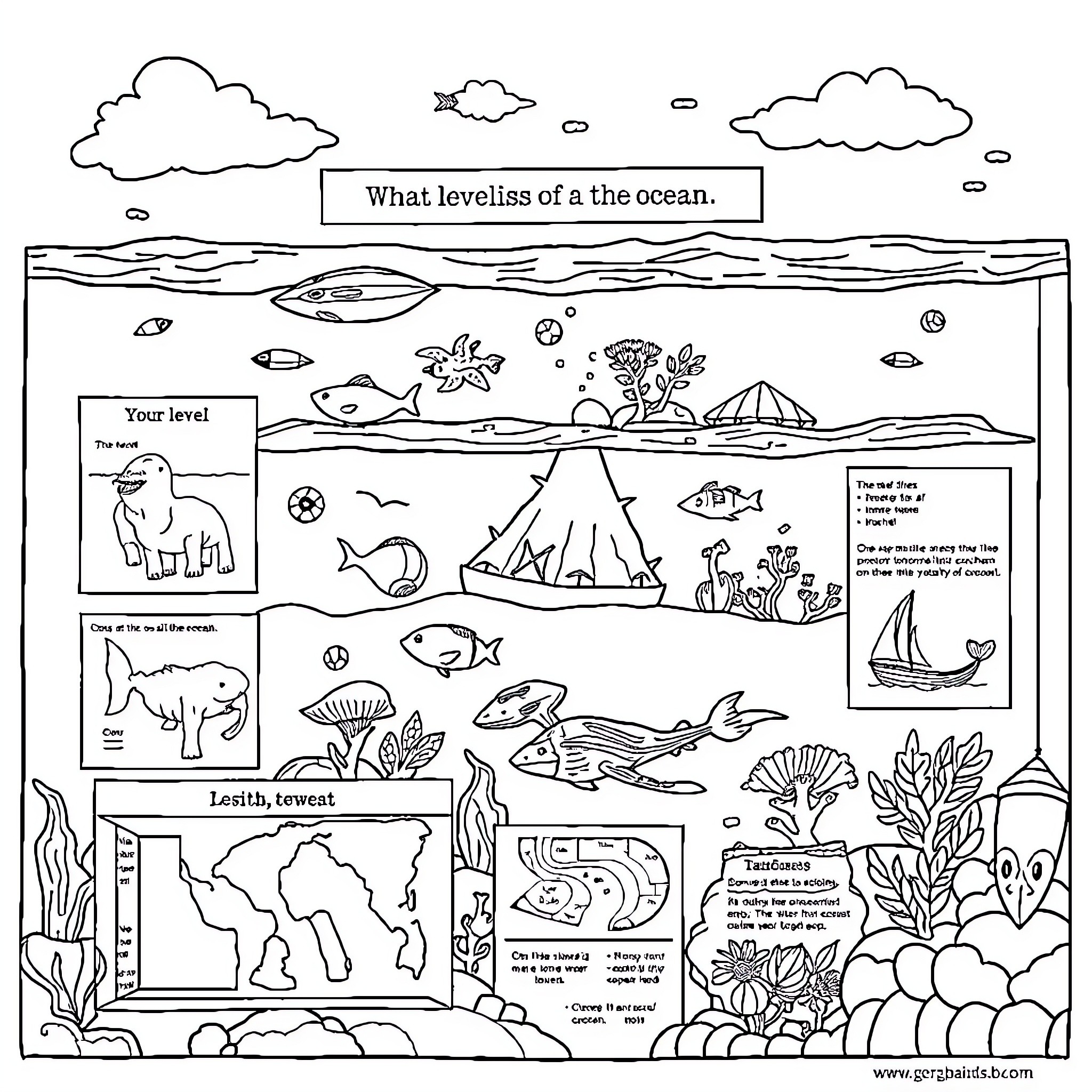 Ocean levels and underwater ecosystems Coloring Page (free black-and-white line drawing printable PDF for all, from beginners to advanced learners, including children, teens, adults, and seniors)