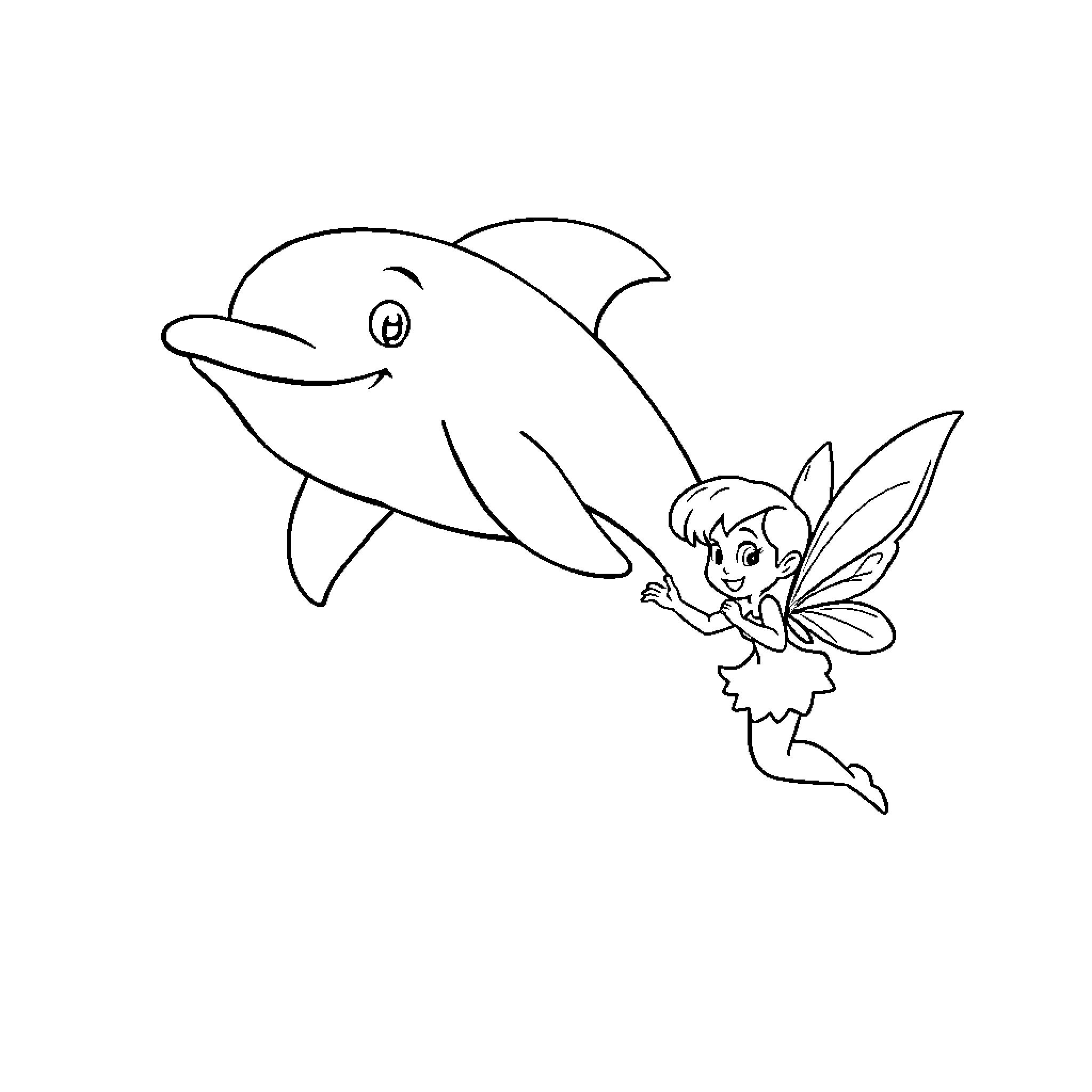 Dolphin and Fairy Playing Together Coloring Page (free black-and-white line drawing printable PDF for all, from beginners to advanced learners, including children, teens, adults, and seniors)