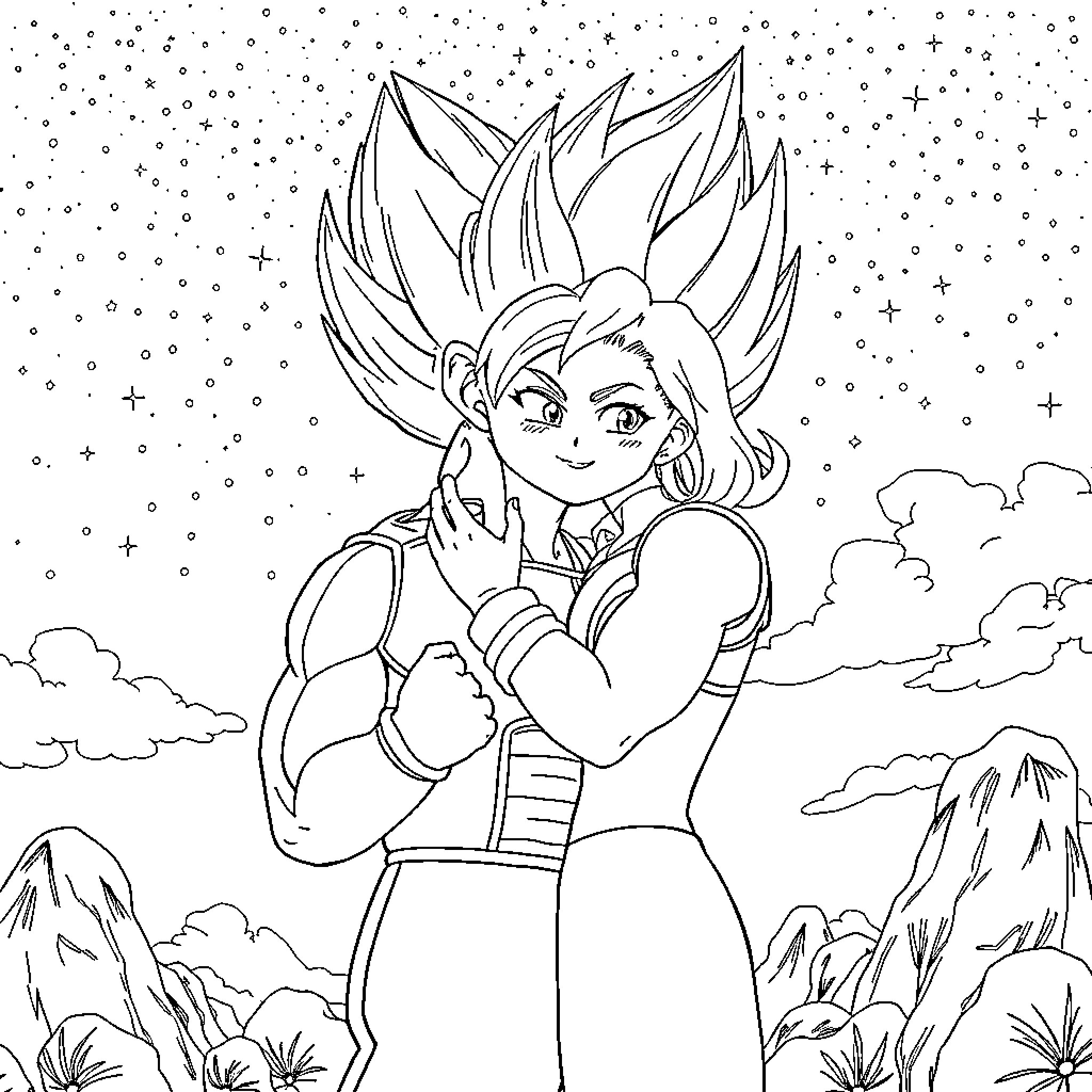 Vegeta's Triumphant Pose in Dramatic Landscape Coloring Page (free black-and-white line drawing printable PDF for all, from beginners to advanced learners, including children, teens, adults, and seniors)