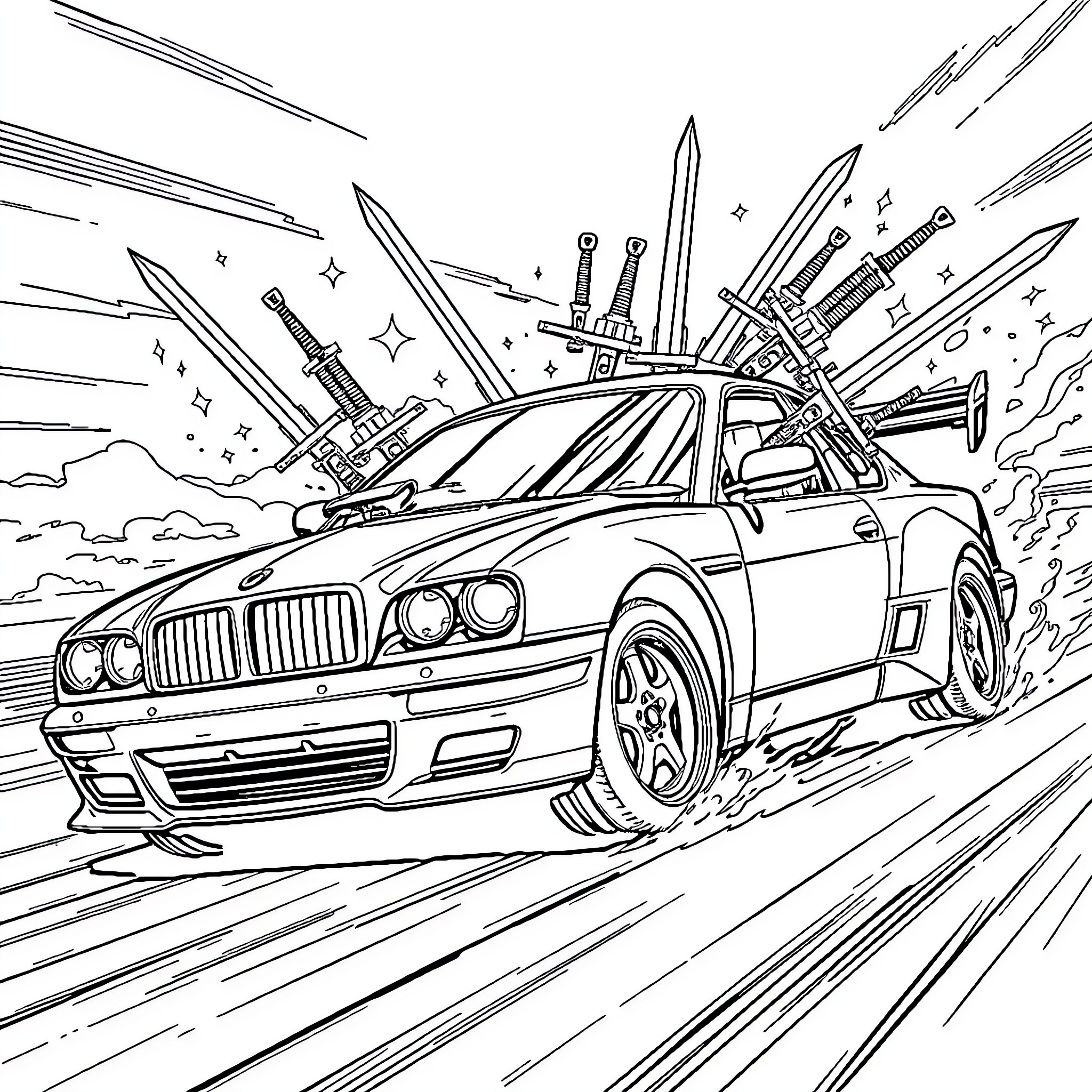 Car equipped with futuristic weapons and speed Coloring Page (free black-and-white line drawing printable PDF for all, from beginners to advanced learners, including children, teens, adults, and seniors)