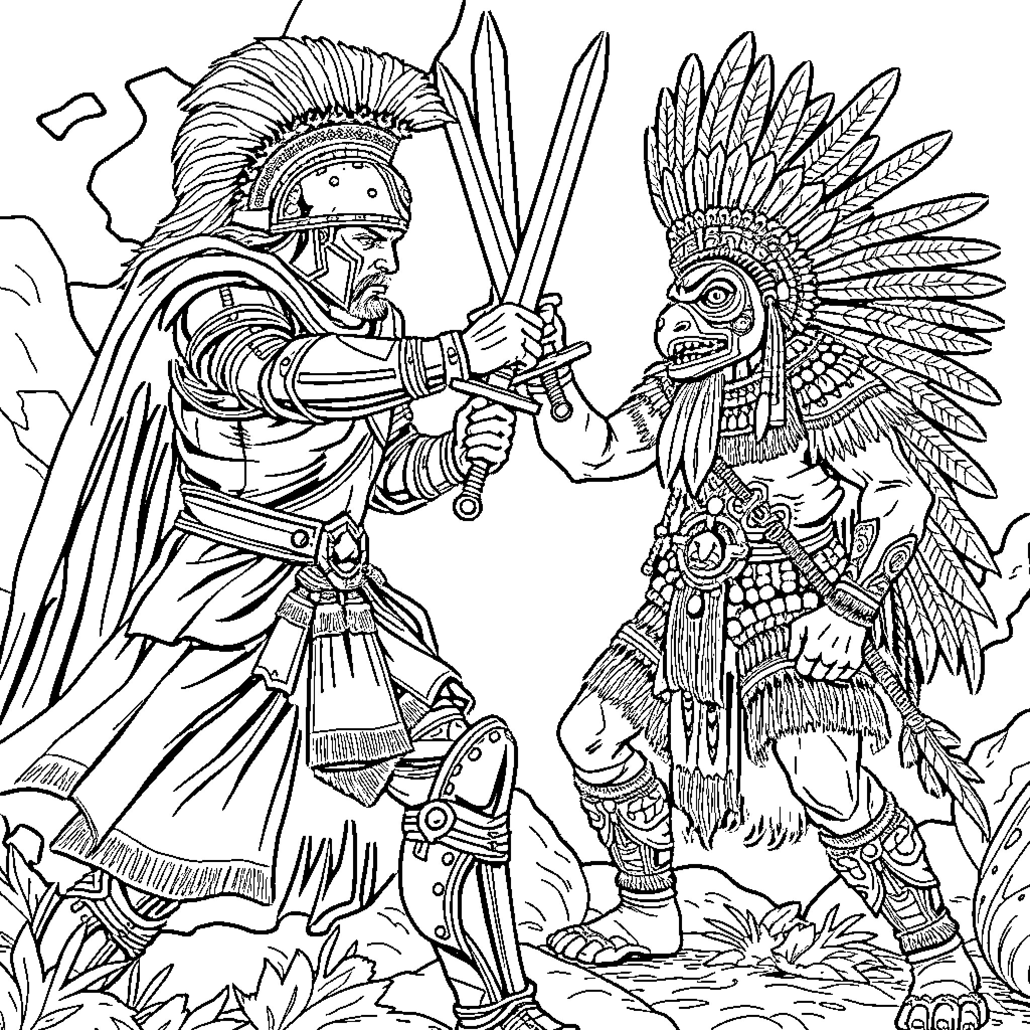 Conqueror's Clash of Civilizations Coloring Page (free black-and-white line drawing printable PDF for all, from beginners to advanced learners, including children, teens, adults, and seniors)