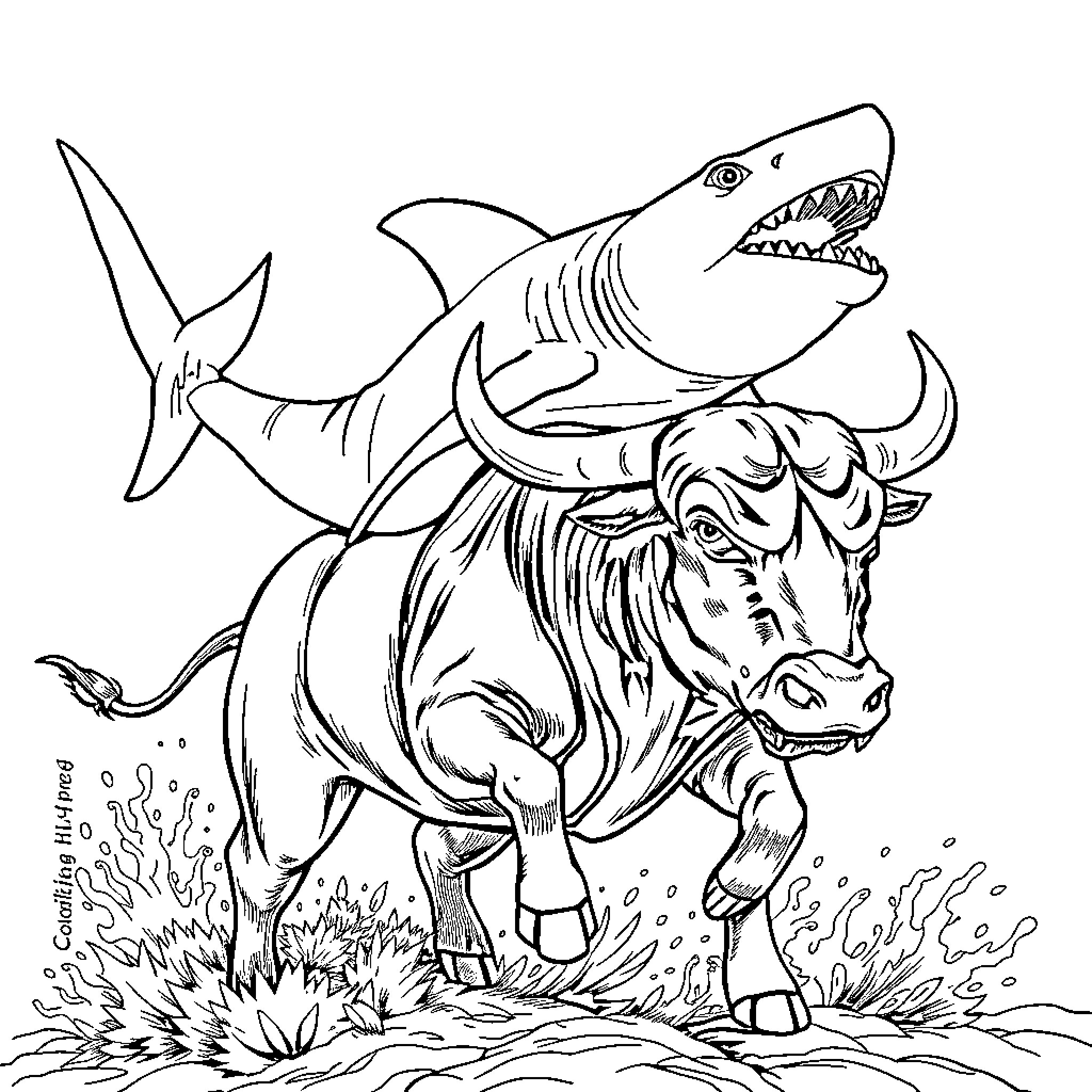 Shark-like creature attacking a horned beast Coloring Page (free black-and-white line drawing printable PDF for all, from beginners to advanced learners, including children, teens, adults, and seniors)
