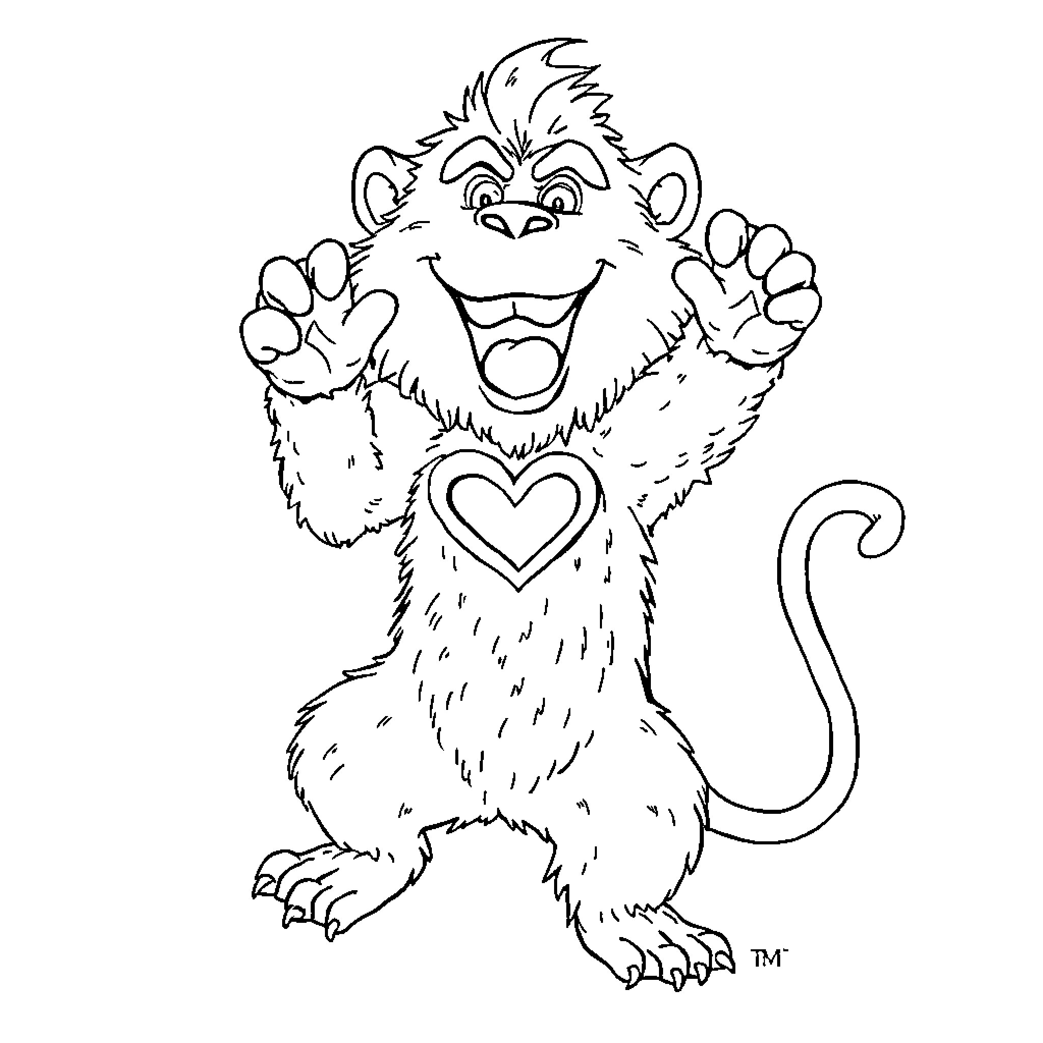 Monster laughing joyfully with a heart on chest Coloring Page (free black-and-white line drawing printable PDF for all, from beginners to advanced learners, including children, teens, adults, and seniors)