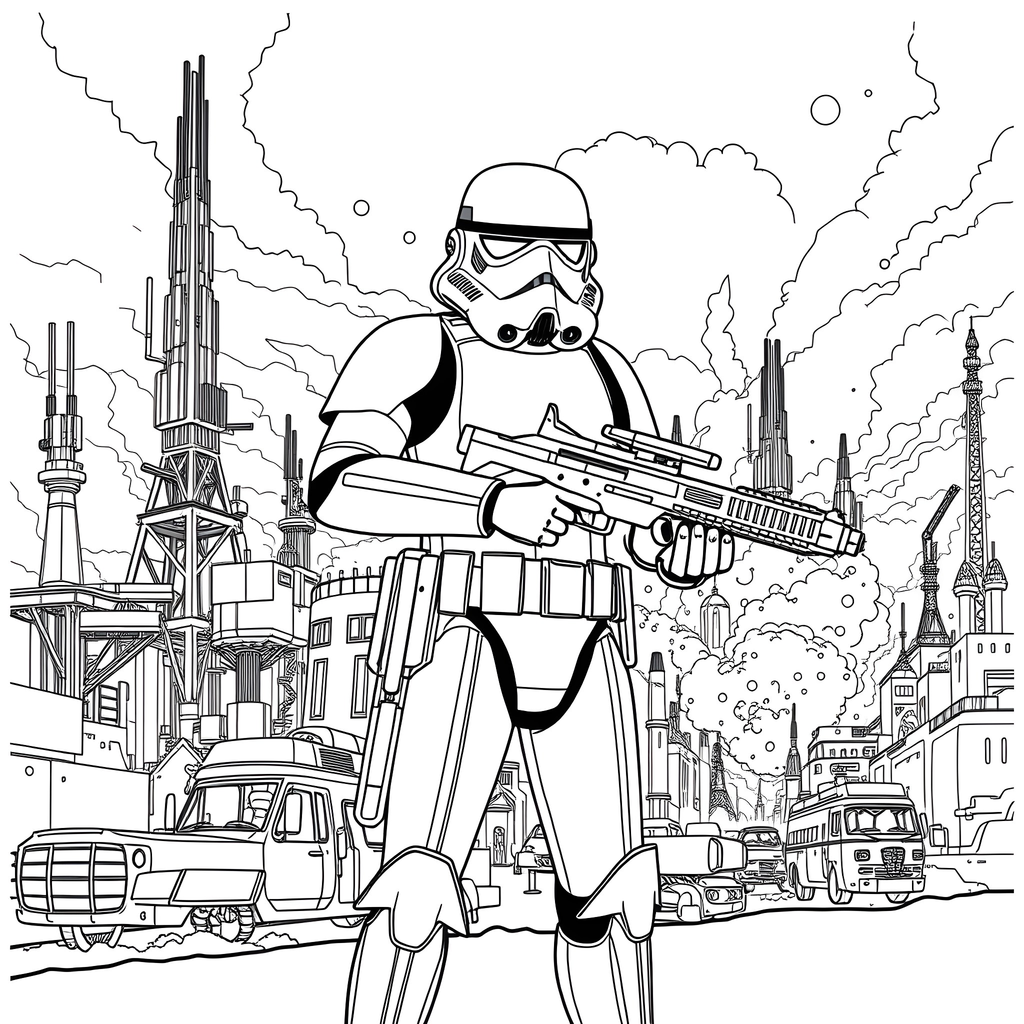 Stormtrooper on patrol in the futuristic city Coloring Page (free black-and-white line drawing printable PDF for all, from beginners to advanced learners, including children, teens, adults, and seniors)