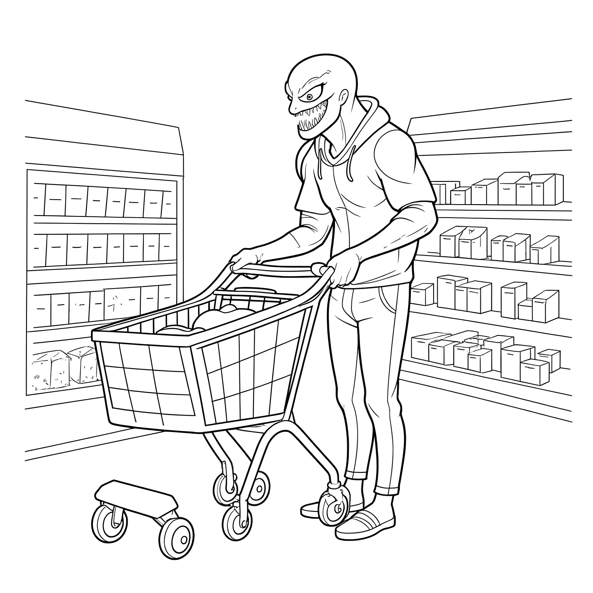 Venom character shopping in the grocery store Coloring Page (free black-and-white line drawing printable PDF for all, from beginners to advanced learners, including children, teens, adults, and seniors)