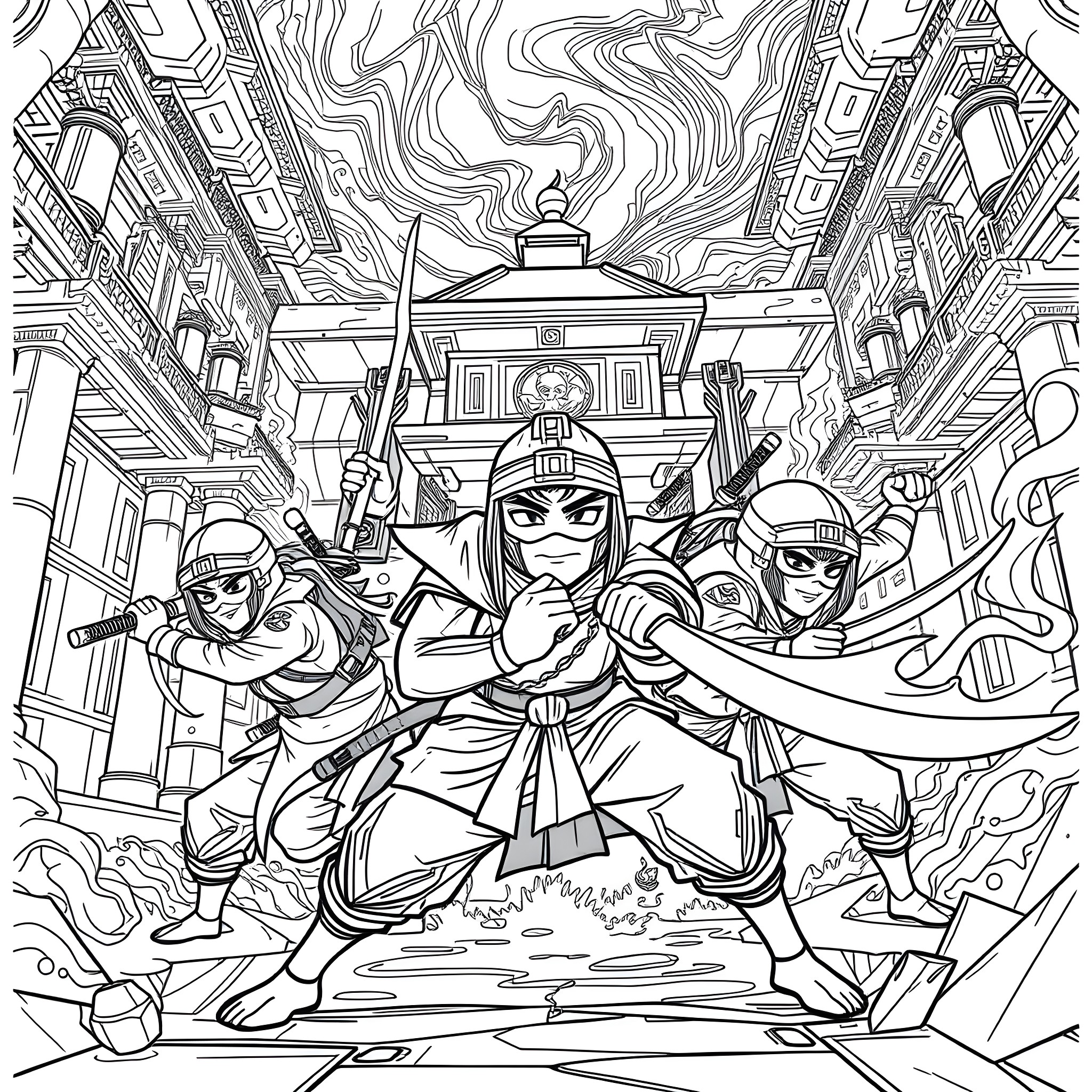 Ninjago warriors battling in the city Coloring Page (free black-and-white line drawing printable PDF for all, from beginners to advanced learners, including children, teens, adults, and seniors)