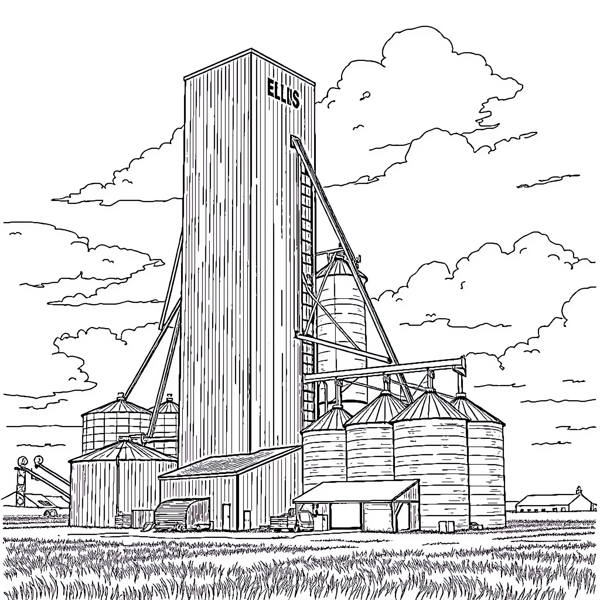 Grain Elevator with Surrounding Farmland and Cloudy Skies Coloring Page (free black-and-white line drawing printable PDF for all, from beginners to advanced learners, including children, teens, adults, and seniors)