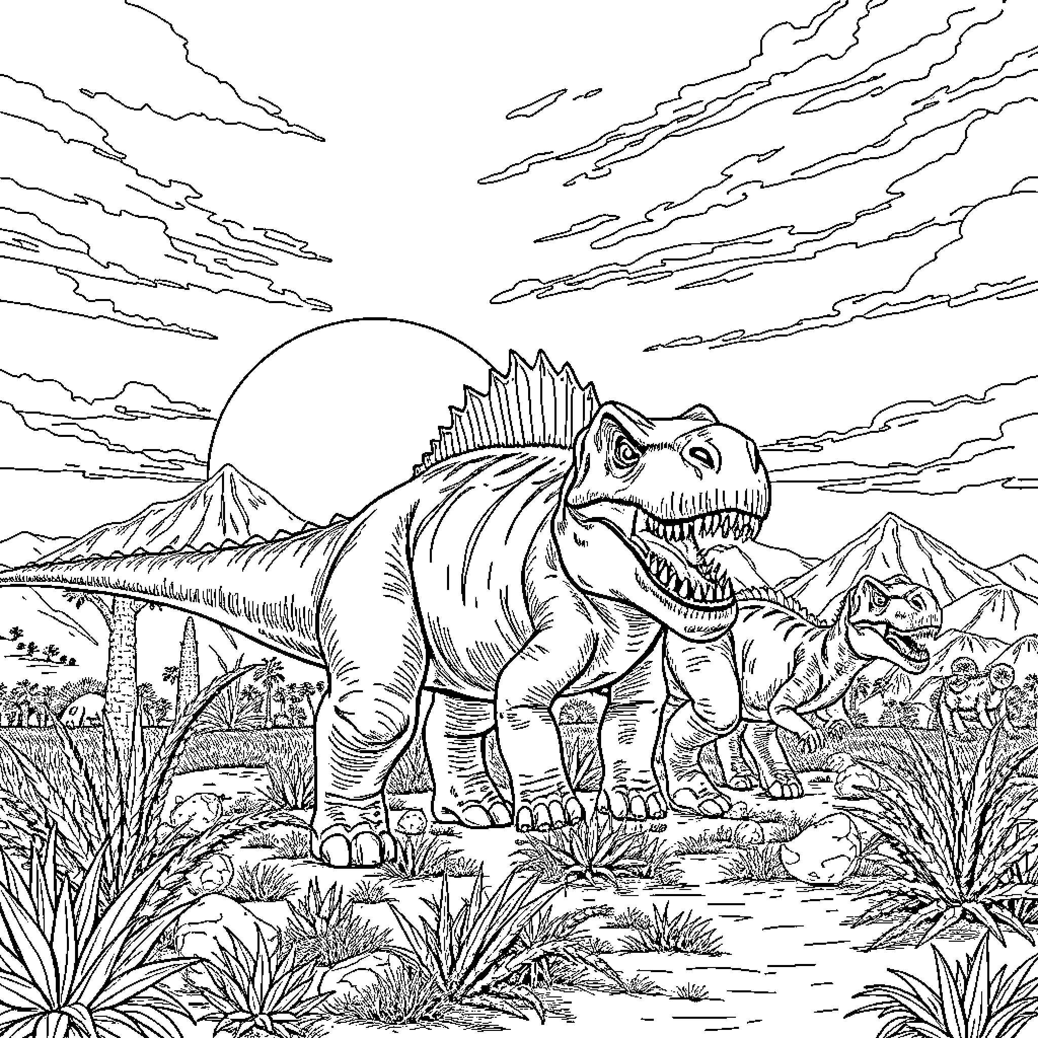 Dinosaur stomping through prehistoric landscape Coloring Page (free black-and-white line drawing printable PDF for all, from beginners to advanced learners, including children, teens, adults, and seniors)