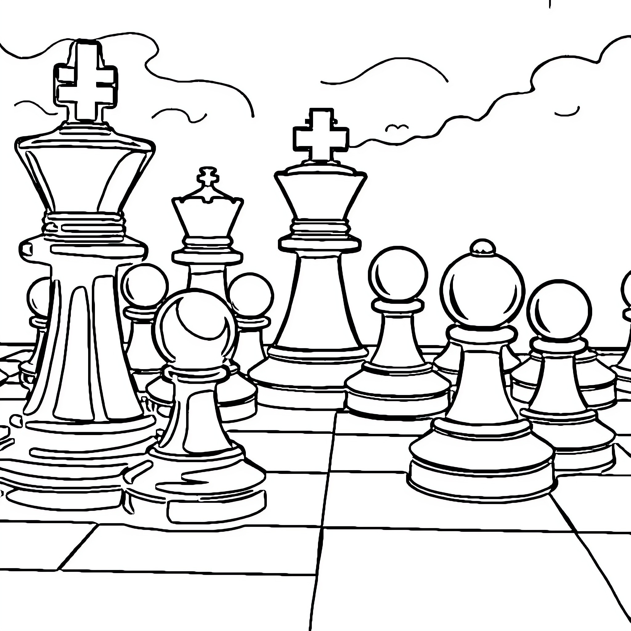 Chess Piece Composition with Scenic Background Coloring Page (free black-and-white line drawing printable PDF for all, from beginners to advanced learners, including children, teens, adults, and seniors)