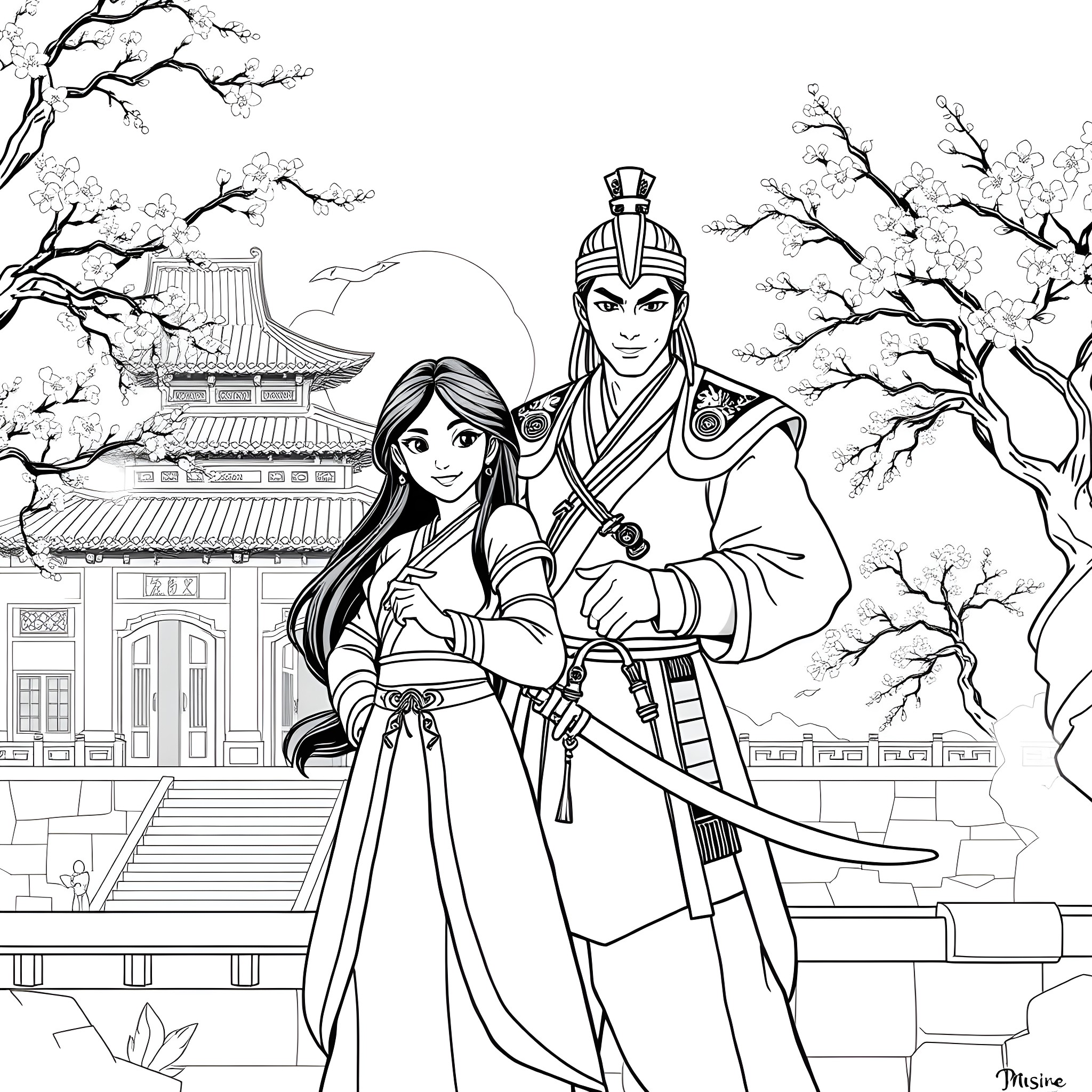 Mulan and Shang in traditional Chinese attire Coloring Page (free black-and-white line drawing printable PDF for all, from beginners to advanced learners, including children, teens, adults, and seniors)