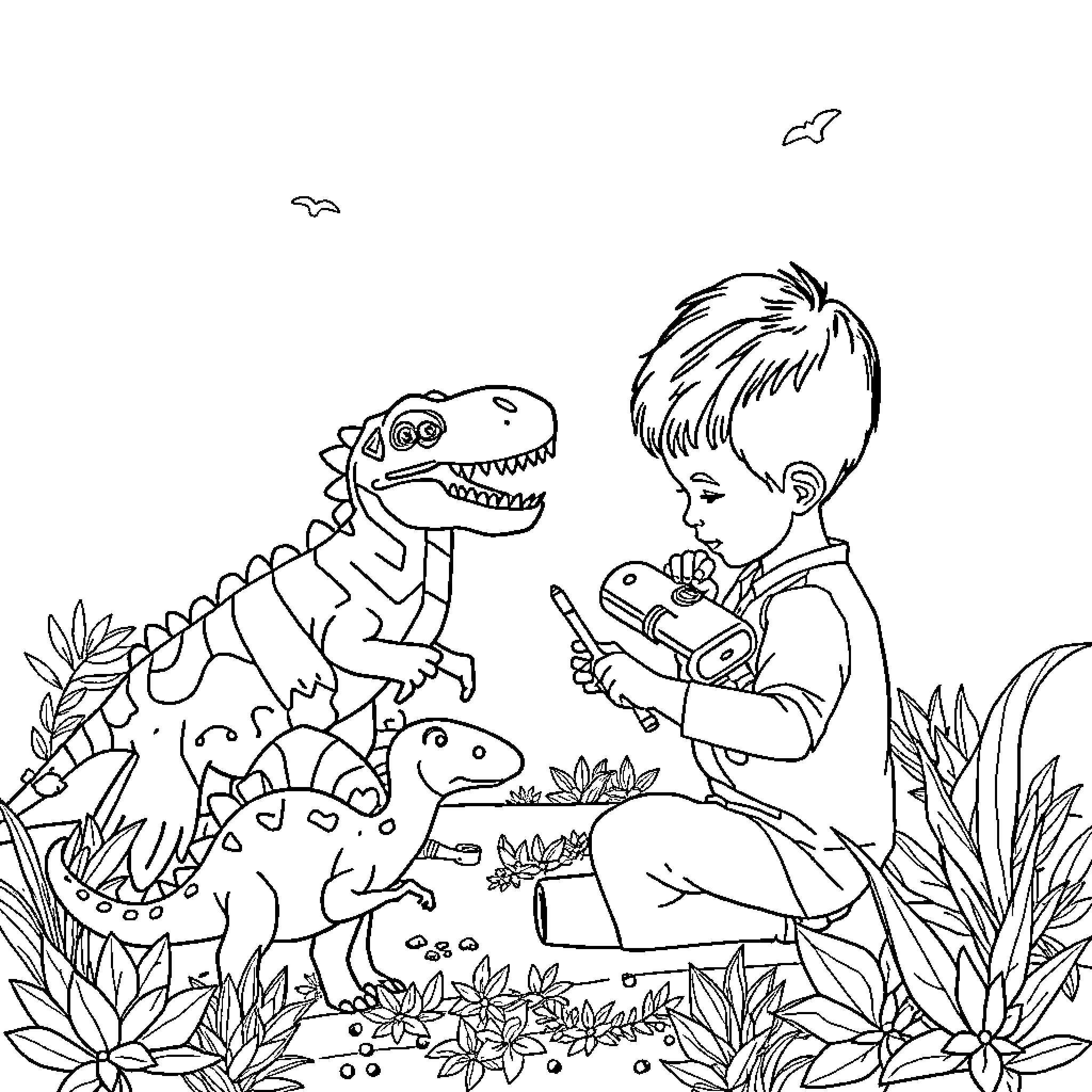 Dinosaur Toys Explored by Imaginative Child Coloring Page (free black-and-white line drawing printable PDF for all, from beginners to advanced learners, including children, teens, adults, and seniors)