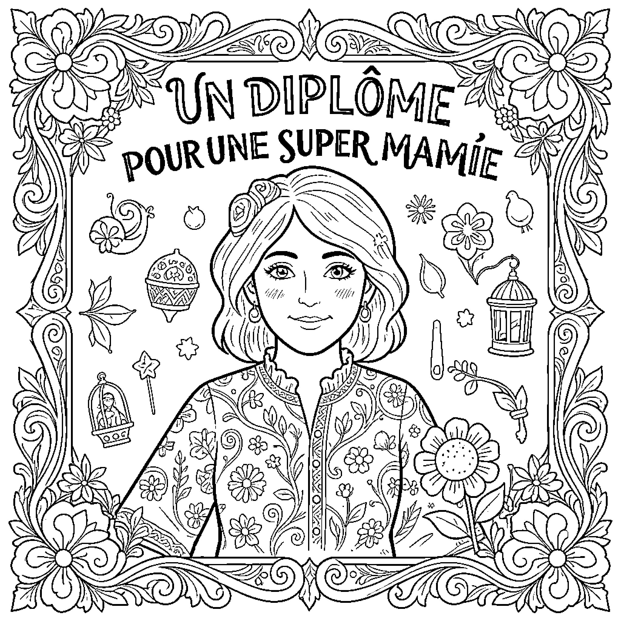 Diploma for a Super Mom Coloring Page (free black-and-white line drawing printable PDF for all, from beginners to advanced learners, including children, teens, adults, and seniors)