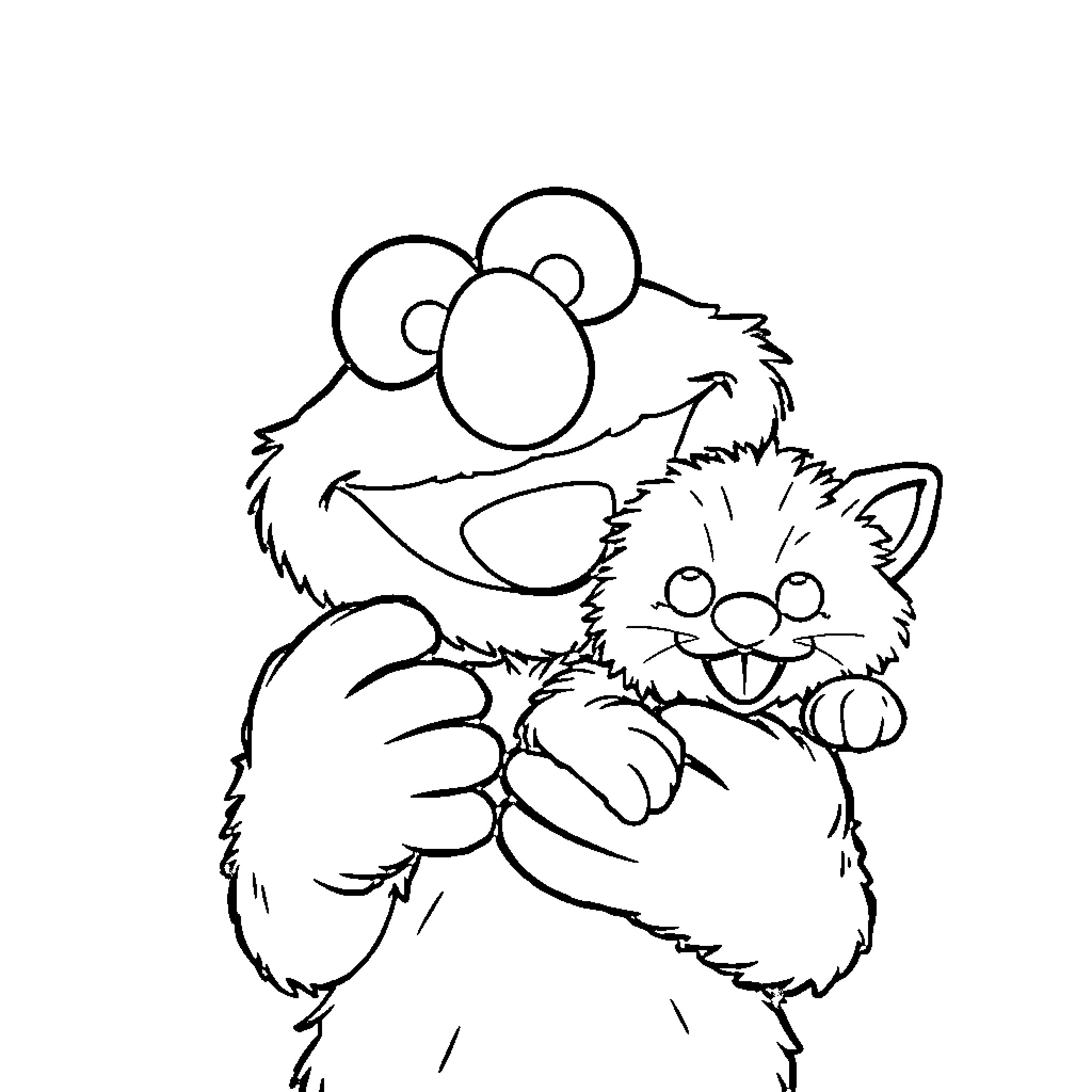 Elmo happily embracing a furry friend Coloring Page (free black-and-white line drawing printable PDF for all, from beginners to advanced learners, including children, teens, adults, and seniors)