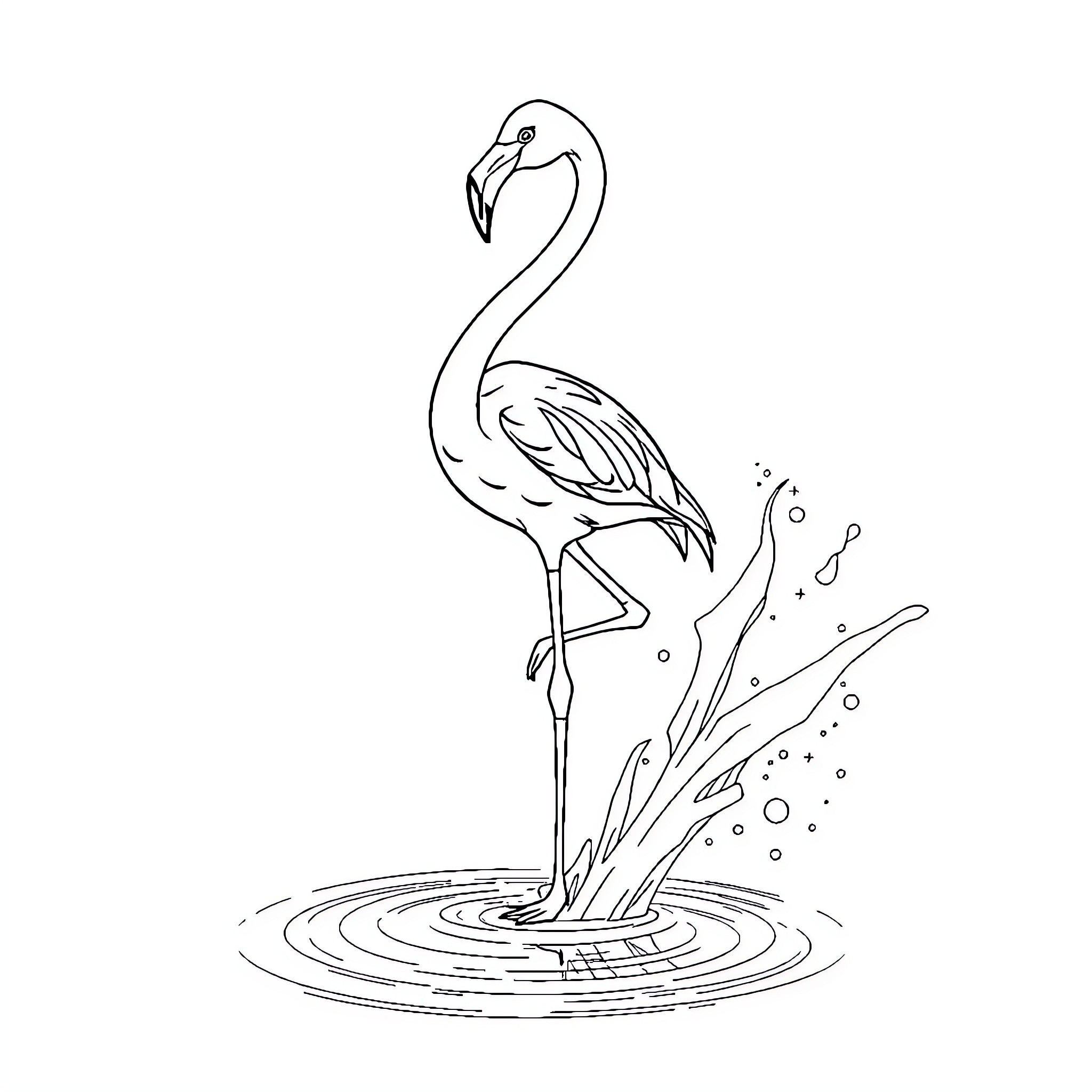 Flamingo standing gracefully in water Coloring Page (free black-and-white line drawing printable PDF for all, from beginners to advanced learners, including children, teens, adults, and seniors)