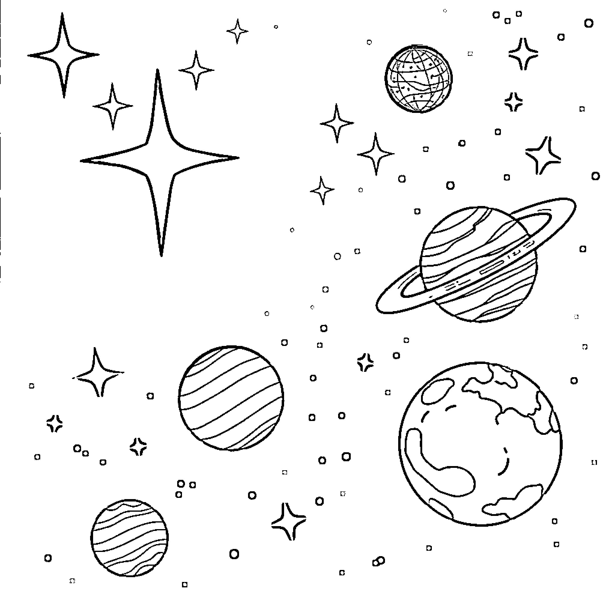 Star-filled cosmic adventure with planets and galaxies Coloring Page (free black-and-white line drawing printable PDF for all, from beginners to advanced learners, including children, teens, adults, and seniors)
